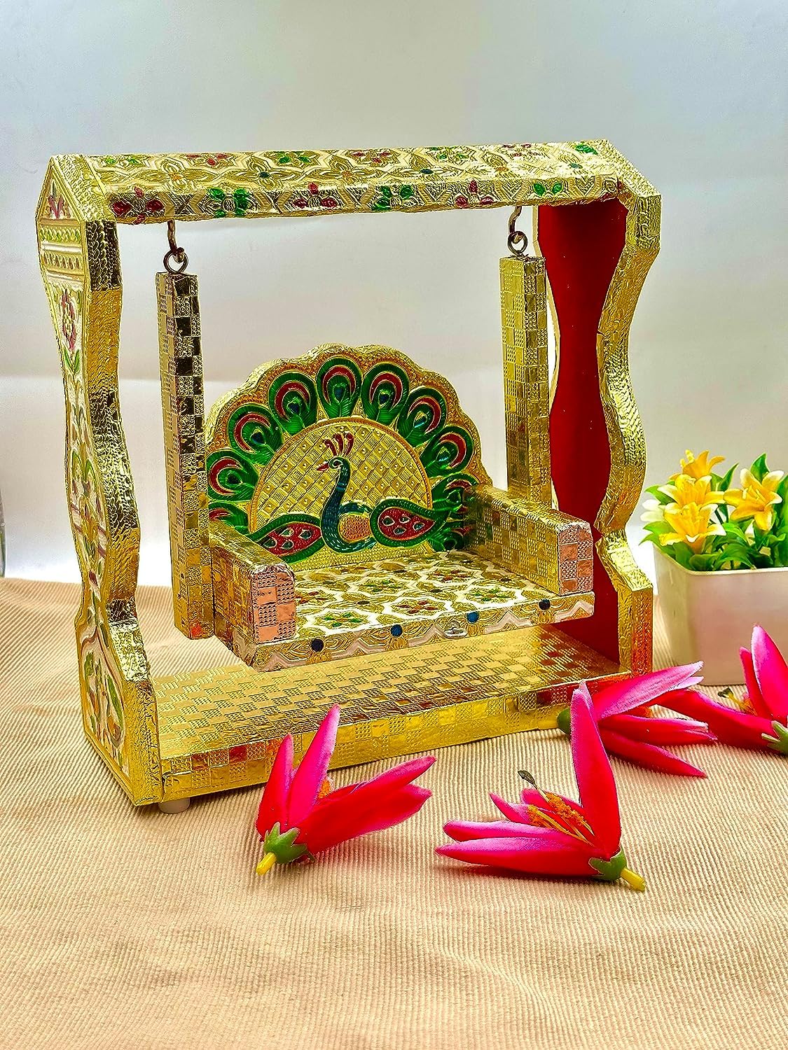 RSN Wooden Handicraft Peacock Meenakari Jhula for Laddu Gopal/Bal Gopal Idol/Krishana Jhula/Jhoola/Laddu Gopal for Home Temple (8.5 inch) 4