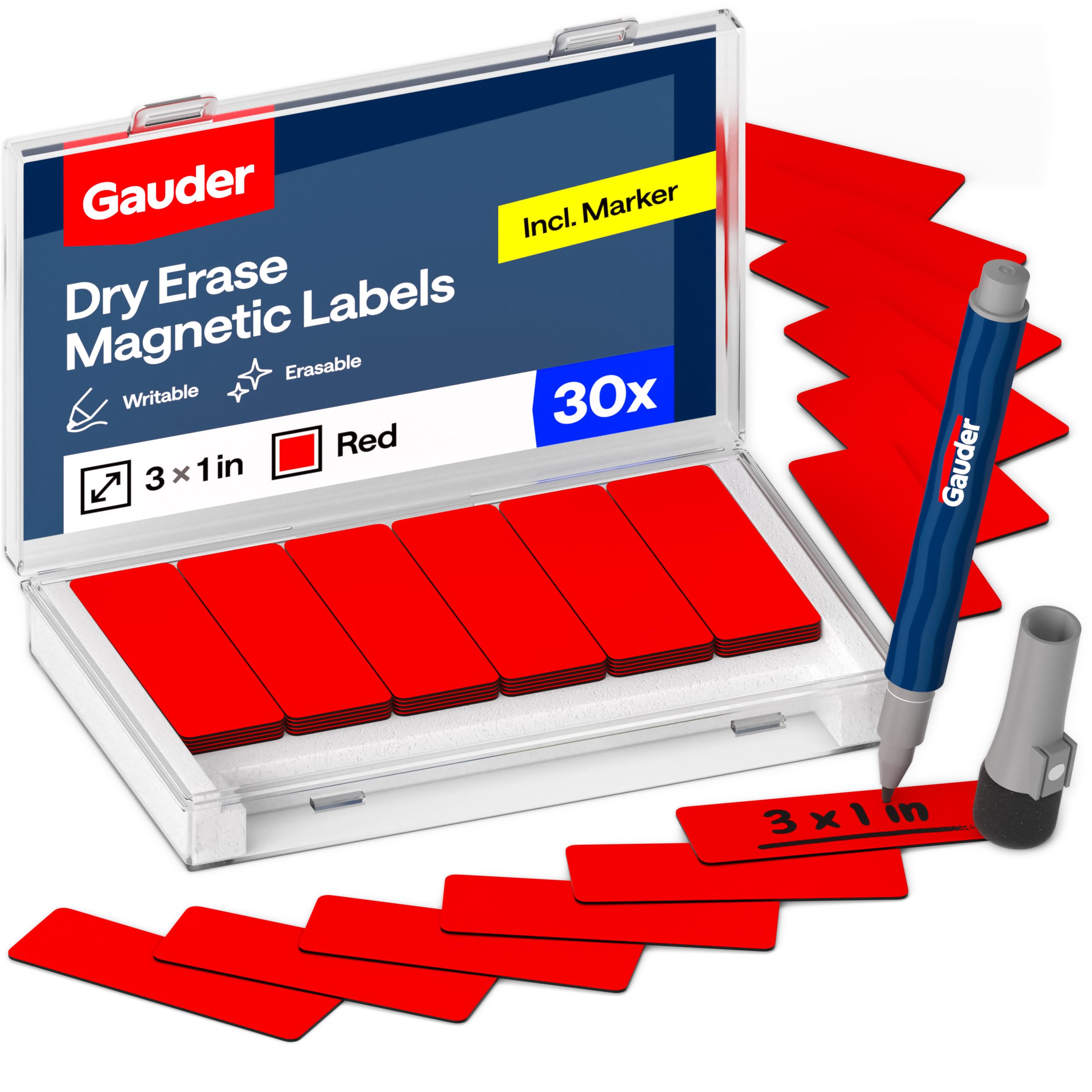 GAUDER Magnetic Dry Erase Labels | 30x Magnetic Labels (3 Inches x 1 Inch) | Dry Erase Magnets for Classroom, Whiteboard and Blackboard