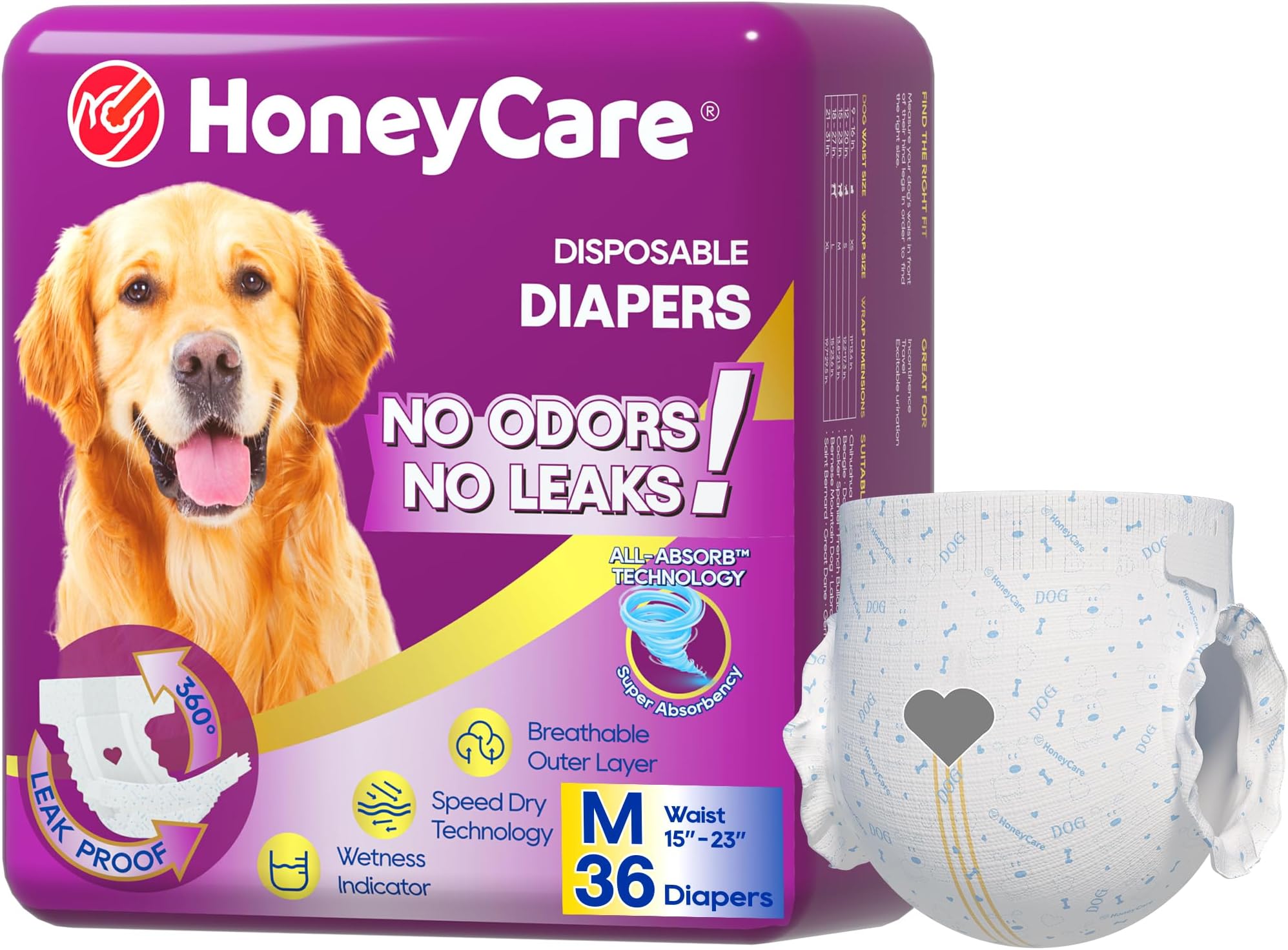 HONEY CARE All-Absorb Disposable Female Dog Diapers, Improved, Super Absorbent, Breathable, Wetness Indicator (M-36count)