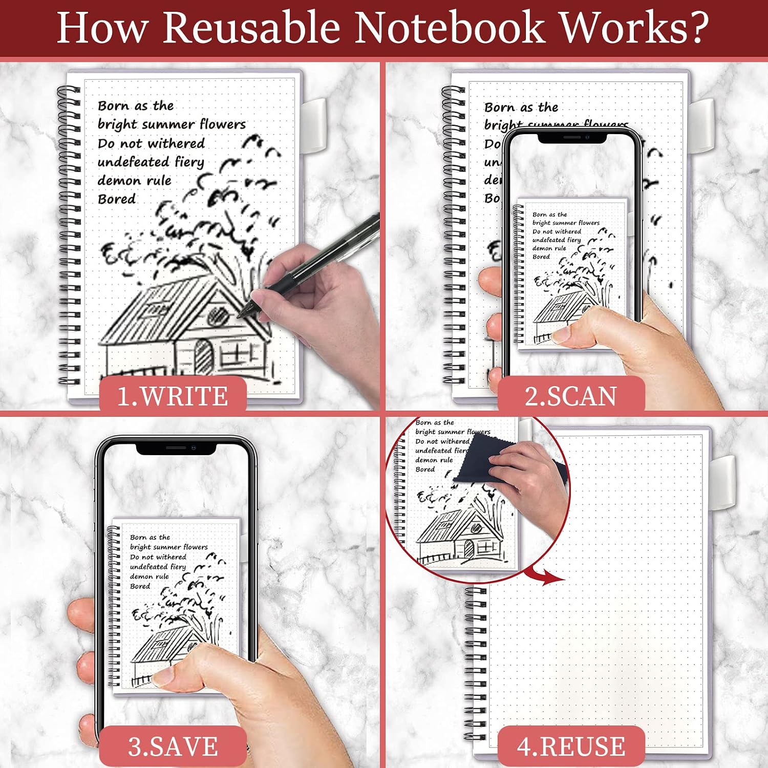 Smart Reusable Notebooks Set, Eco-Friendly Planner Organizer Notebook(5.9''x8.5''), Mini Pocket Dot-Grid Notepad(3.5''x5.5'')(Scarlet Crimson)