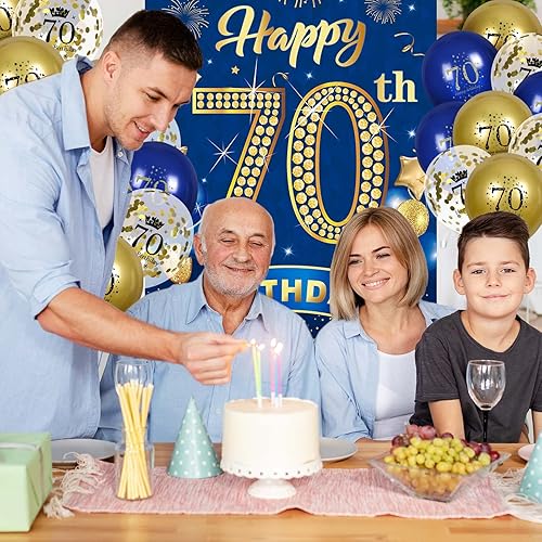 Miniatura 4 de Cartel de cumpleaños número 70 azul marino y dorado con 18 globos de 70, telón de fondo para puerta de hombres y mujeres, suministros de decoración