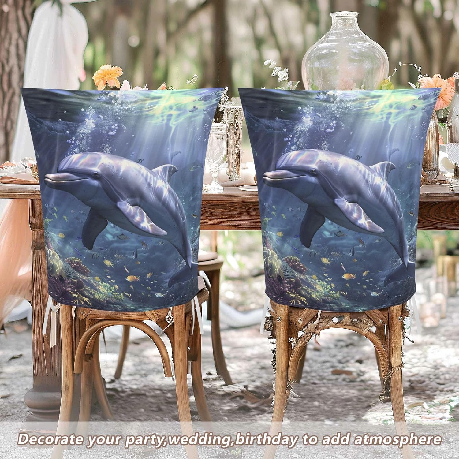 ALAZA Dolphin in Sea Chair Back Cover Set of 6, Washable Reusable Removable Chair Slipcovers Decorative Chair Cover for Home Kitchen Wedding Party