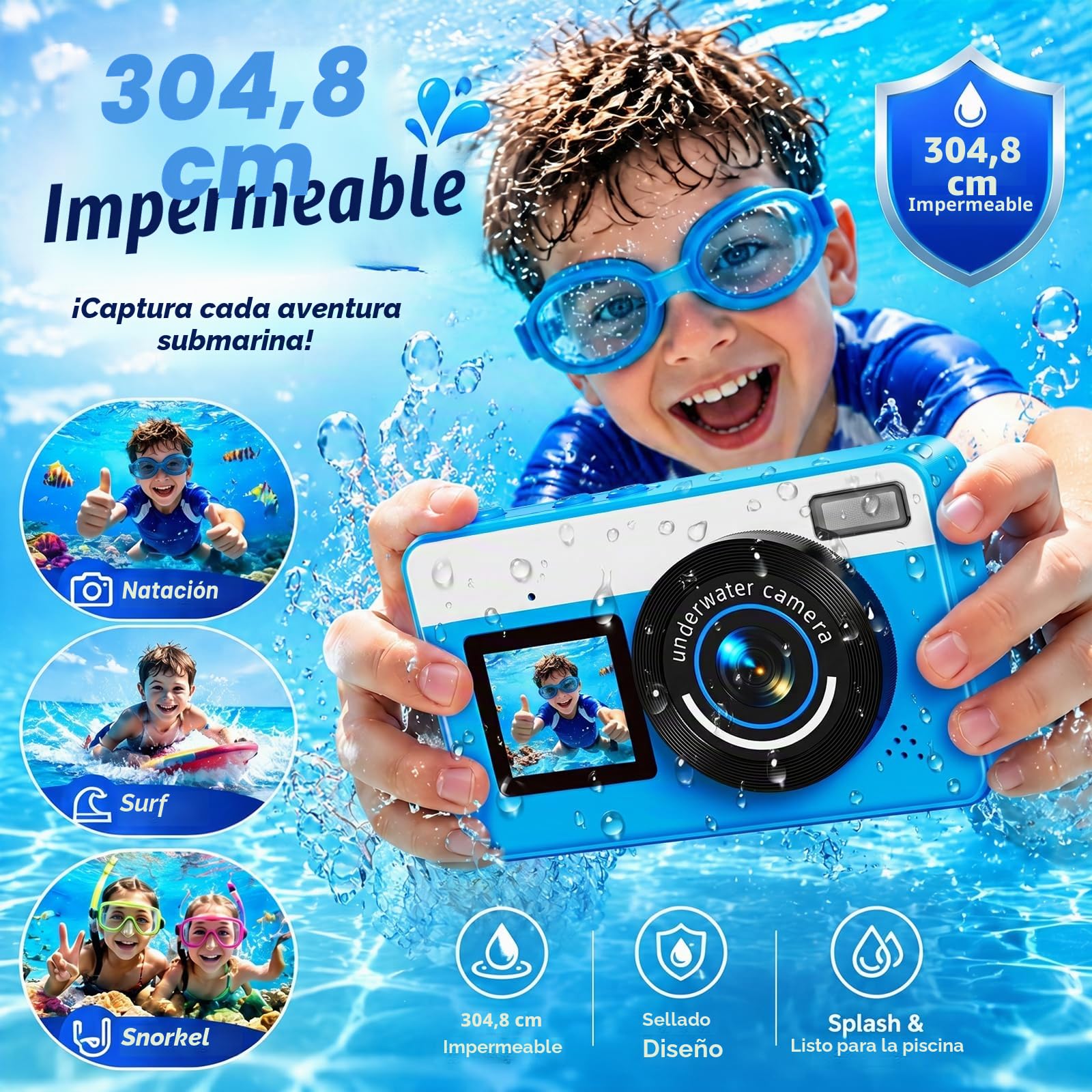 Maxmango D70 Cámara Acuática 4K 48MP, Cámara Impermeable 10FT para Piscina y Playa, Doble Pantalla Autofocus Zoom 18X, Cámara Flotante Regalo para Adolescentes y Principiantes con Tarjeta 16GB, Azul