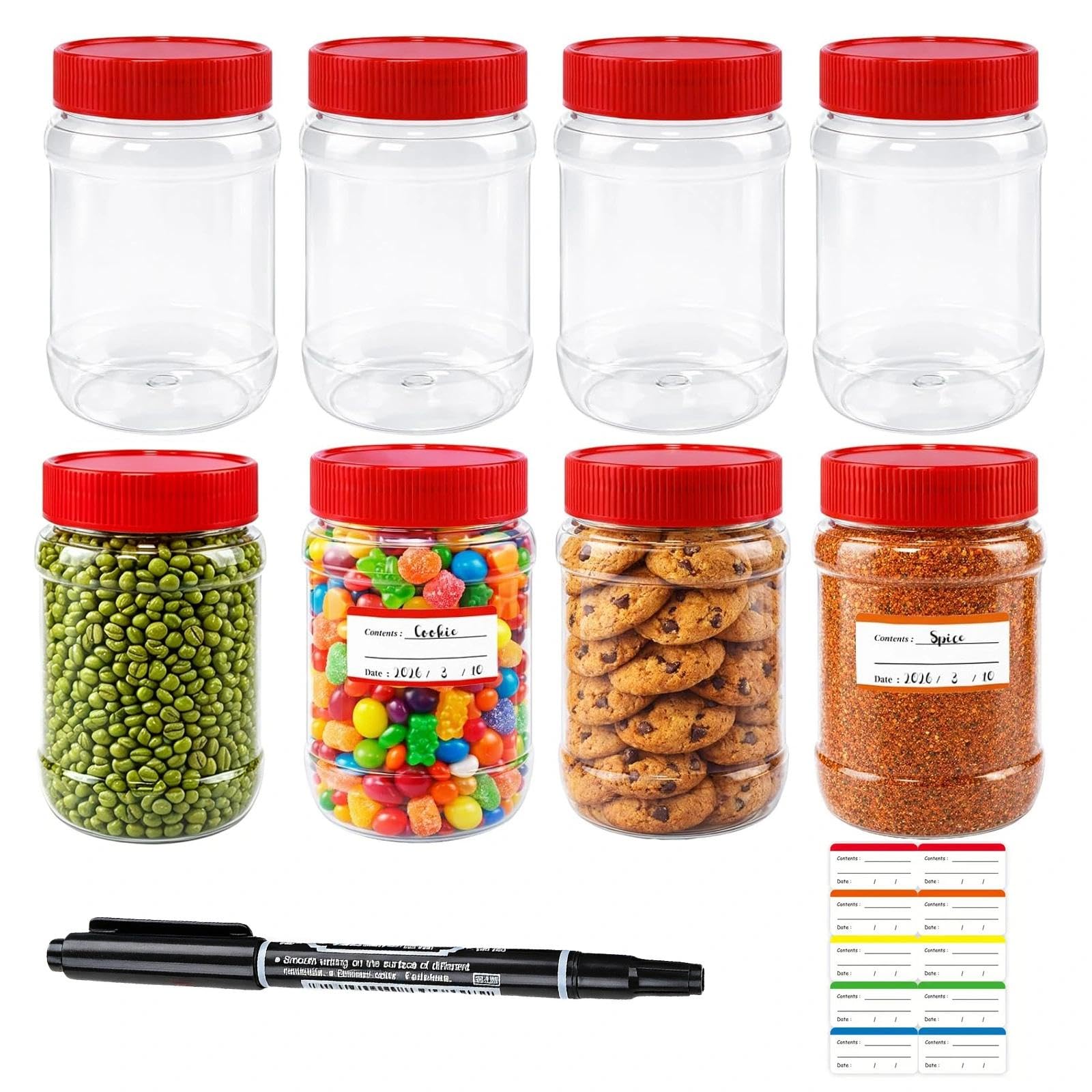 8 PCS 500ml Plastic Storage Jars with Lids, Clear Round Food Storage Containers with Pen & Labels, Airtight Leakproof Plastic Jars for Kitchen Pantry Organization, Spices, Sweets, Dry Goods, Crafts