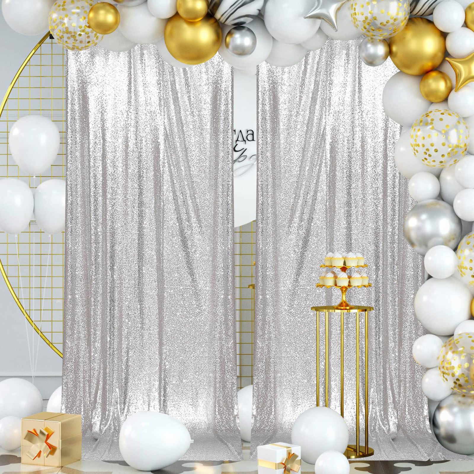 PartyDelight Sequin Backdrop Curtains 2 Panels Silver 5Ft x 10Ft Photograph Back Drop Wedding Curtain Special Events