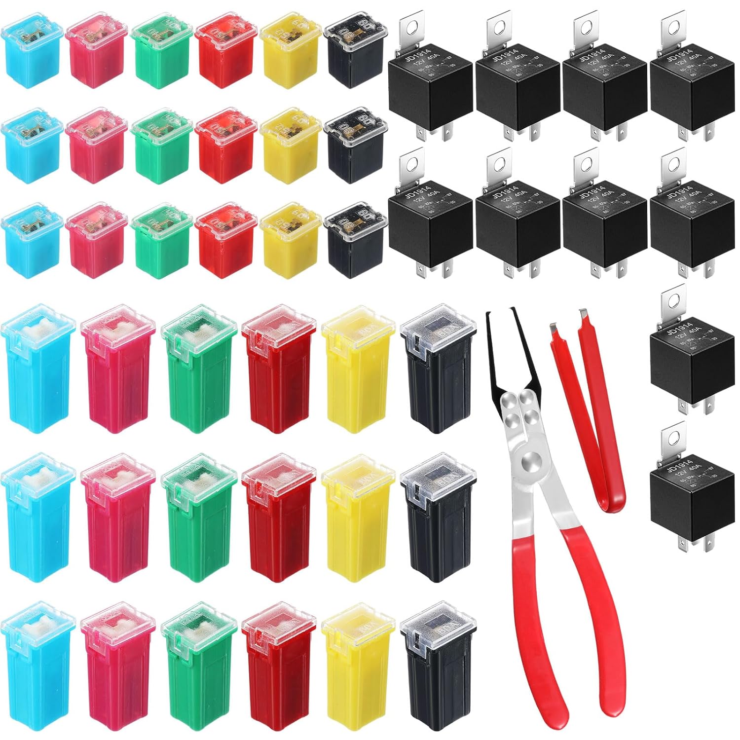 DaisyInner 36 Pcs Car Fuse Assortment Kit Fuse and Puller Plier Relay with Small Fuze Remover Tool and 10 Pcs 30/40 Amp 5-pin 12v Relay Car Fuze Puller(Multicolor,Low and Tall)