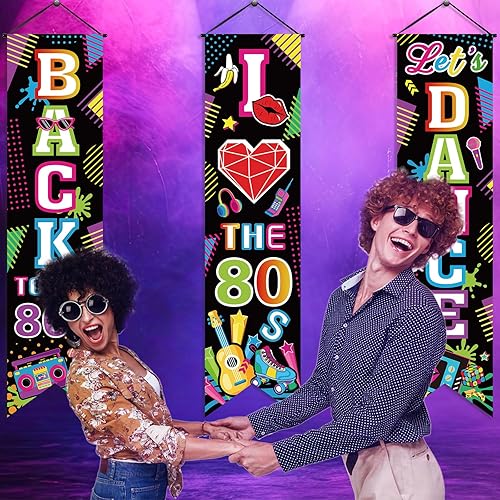 Miniatura 5 de 3 piezas de decoraciones de fiesta de los años 80 "Back to the 1980 Banners I Love 80s Porche carteles colgantes para el hogar, bar, tema retro, hip