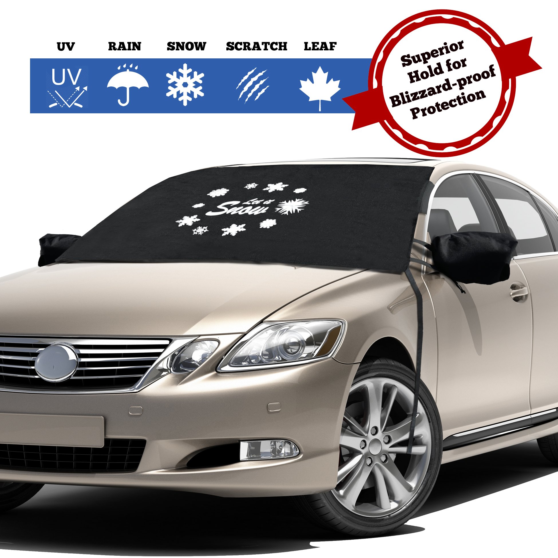 Windshield Cover for Ice and Snow - Fits Most Cars, Trucks, Minivans, SUVs and F150s - Weatherproof and Windproof Ear Flaps, Adjustable Suction Cups, Strings and Mirror Covers (45X64)