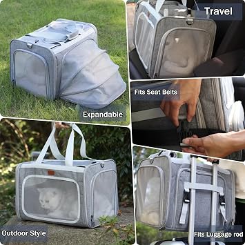 Gray Cat Carriers Soft Stylish Small Dogs Puppy Pets Bag,Sturdy,Ventilated,Airline Approved,Expandable,Rabbit Cage Small Animals Travel Outdoor Carry Kennel