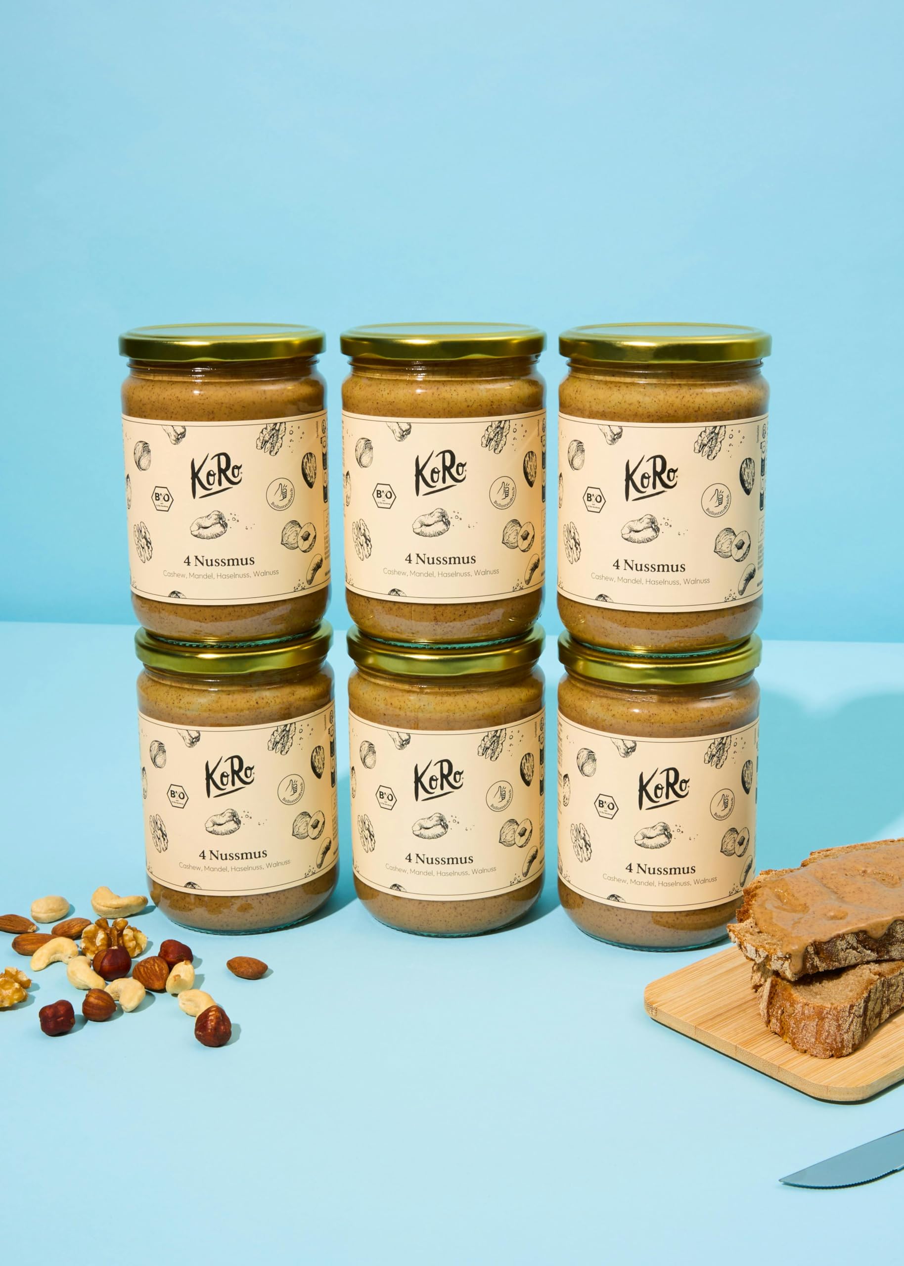 KoRo - Bio 4 Nussmus aus Cashew, Mandel, Haselnuss und Walnuss 6 x 500 g - Vegan - Ballaststoffreich - 100% Nuss - Ohne Zusätze