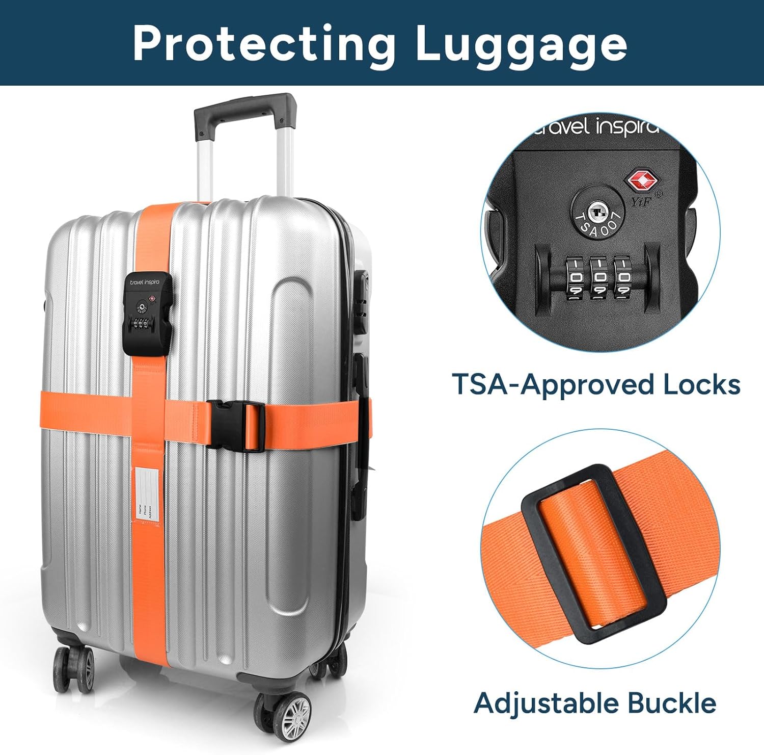 Travel Inspira Luggage Straps with TSA Lock, TSA Approved Suitcase Belt, Heavy Duty Adjustable Cross Design for Added Security, High-Visibility Orange Travel Accessory with ID Tag for 20-32" Bag