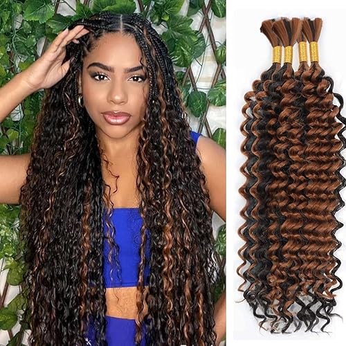 Miniatura 10 de Mezcla de cabello humano trenzado sintético bohemio para trenzar, 24 pulgadas de onda profunda a granel para trenzas bohemias, 2 piezas de cabello