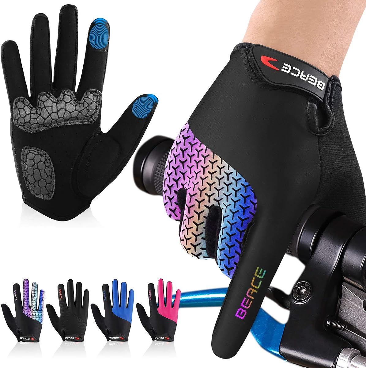 BEACE Guantes de ciclismo para mujer (colorido brillo nocturno) con pantalla táctil, guantes de entrenamiento con dedos completos, guantes de bicicleta de montaña, palma de silicona antideslizante