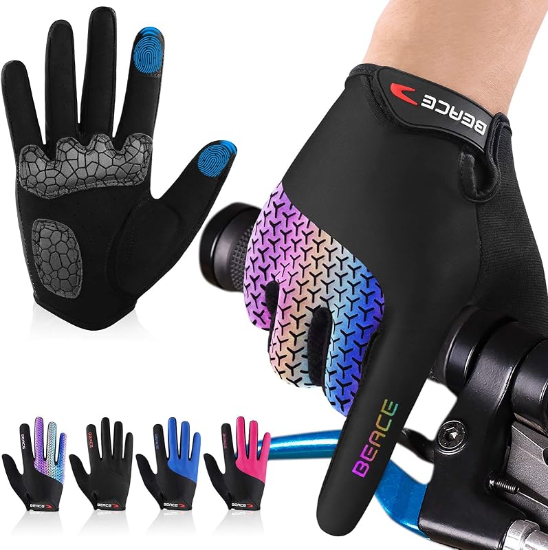 BEACE Guantes de ciclismo para mujer (colorido brillo nocturno) con pantalla táctil, guantes de entrenamiento con dedos completos, guantes de bicicleta de montaña, palma de silicona antideslizante