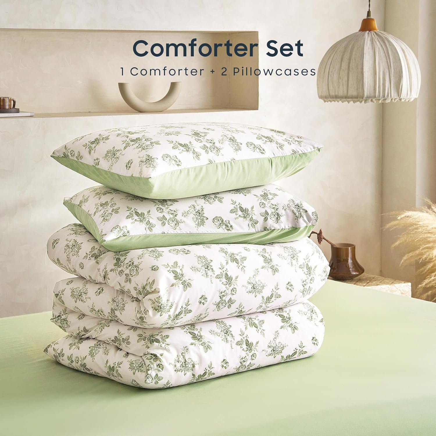 Wake In Cloud - Cottagecore Comforter Set, Floral Vintage Flower Shabby Chic Coquette Aesthetic for Women Teen Girls, Soft Lightweight Dorm Bedding, 3 Pieces, Sage Green, Twin/Twin XL Size