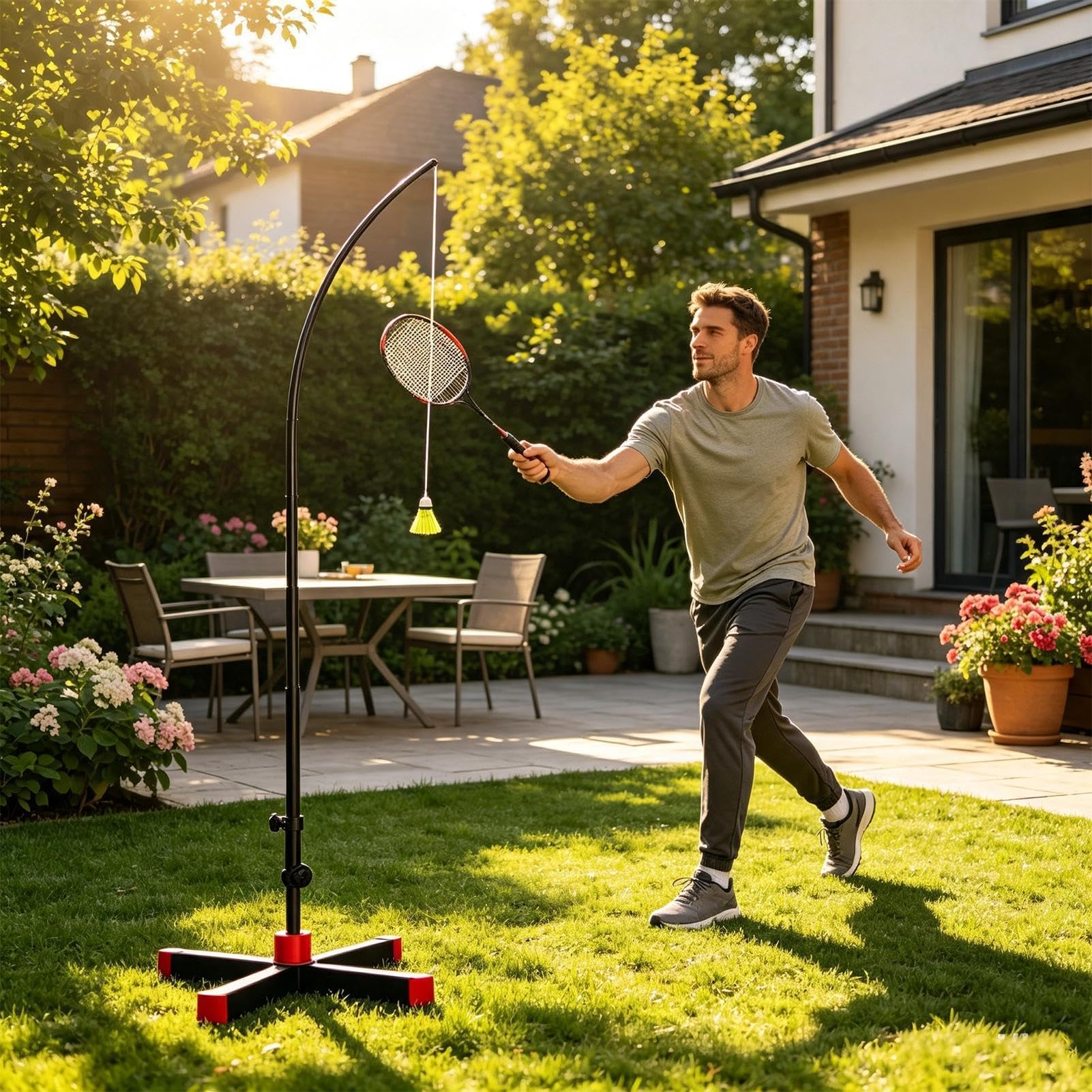 Badminton Trainer Solo - Automatic Rebound, Adjustable Height, Foldable Des | Solo Practice Equipment Stable Weighted Base Reaction Speed Training Quick Assembly Travel Friendly Family Exercise Tool