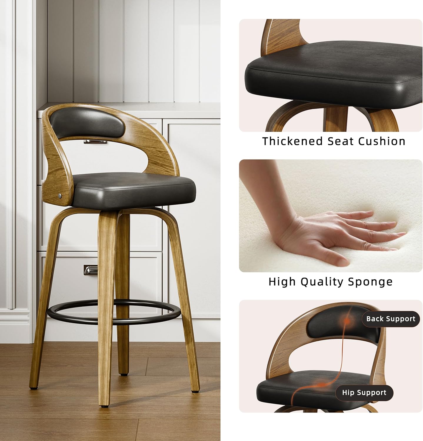 26" Bar Stools Set of 4 Swivel Counter Height Stools Bar Chairs Faux Leather Bar Stool with Backrest & Solid Wood Legs & Wrap-Around Footrest, Counter Stools for Kitchen Island Black