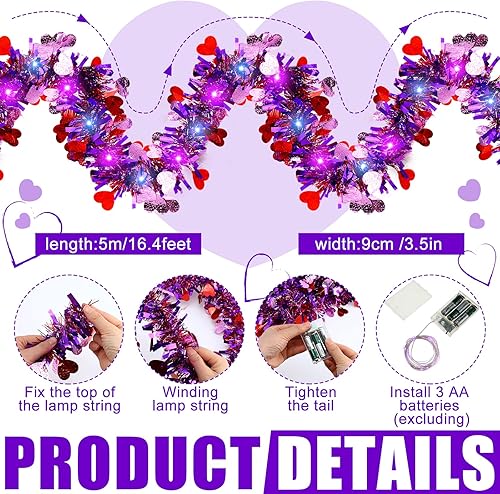 Miniatura 2 de Guirnalda de oropel para el día de San Valentín de 16.4 pies con luces, guirnalda de oropel metálica para colgar, guirnalda de oropel brillante con