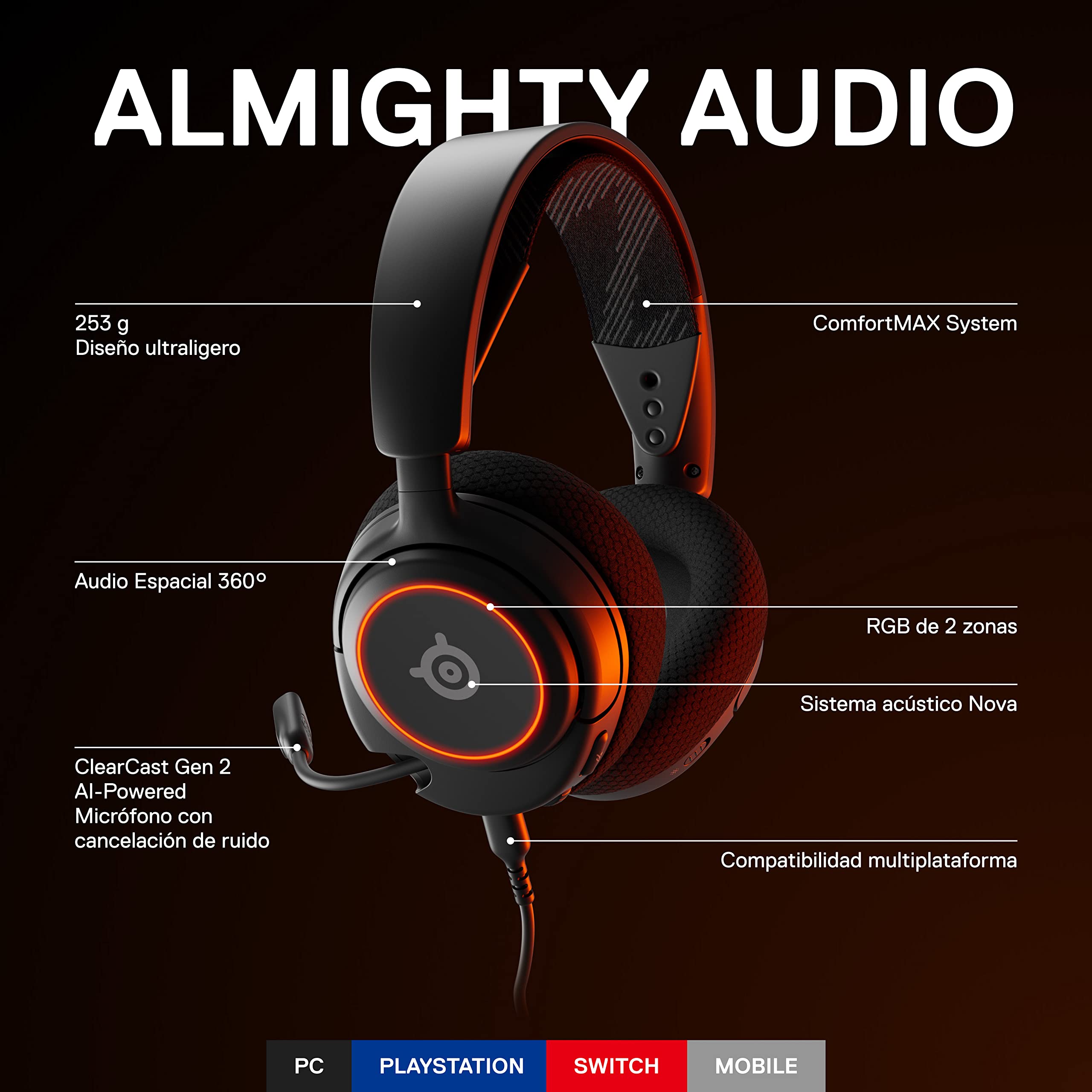 SteelSeries Arctis Nova 3 - Cascos Gaming Con Cable Multisistema - Controladores Hi-Fi - Audio espacial 360° - Luces RGB - Almohadillas de espuma con memoria - Ultraligeros - PC, PS5, PS4, Switch