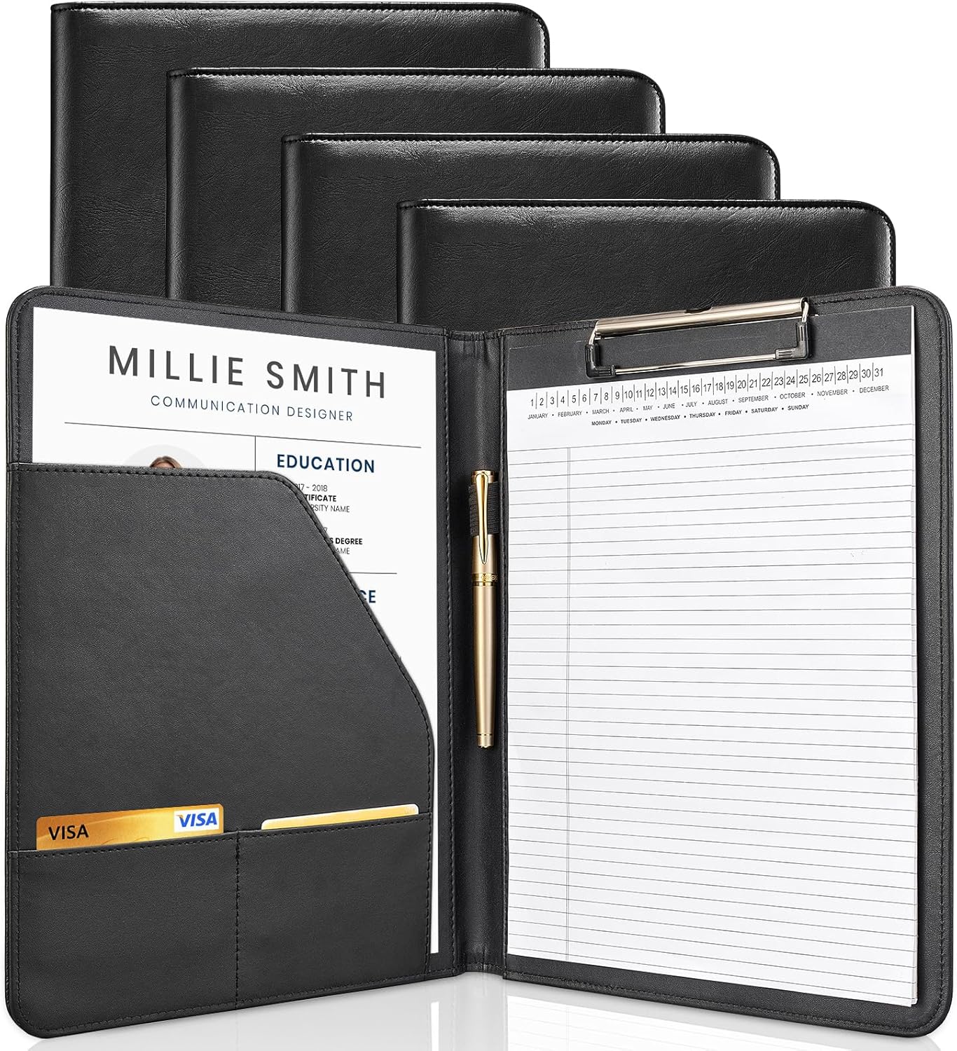 Professional Padfolio with Clipboard, Portfolio Folder Binder, 8.5 x 11 Legal Pad Holder for A4 Letter Size Notepad, Resume, Writing Pad Ideal Organizer for Business Office Conference (Black, 4-Pack)