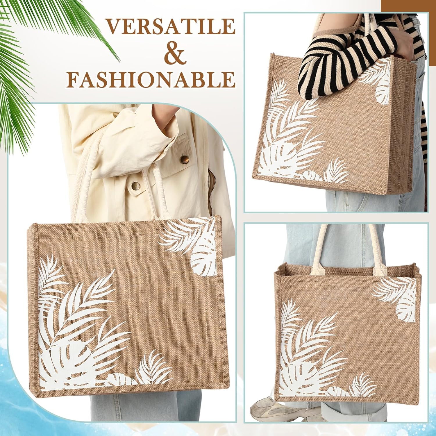 Coume 6 Pack Beach Burlap Tote Bags Bulk Large Beach Jute Tote Bag with Handles 14.2" x 12.6" x 7.5" for DIY Bridesmaid Gift(Main White) - Image 2