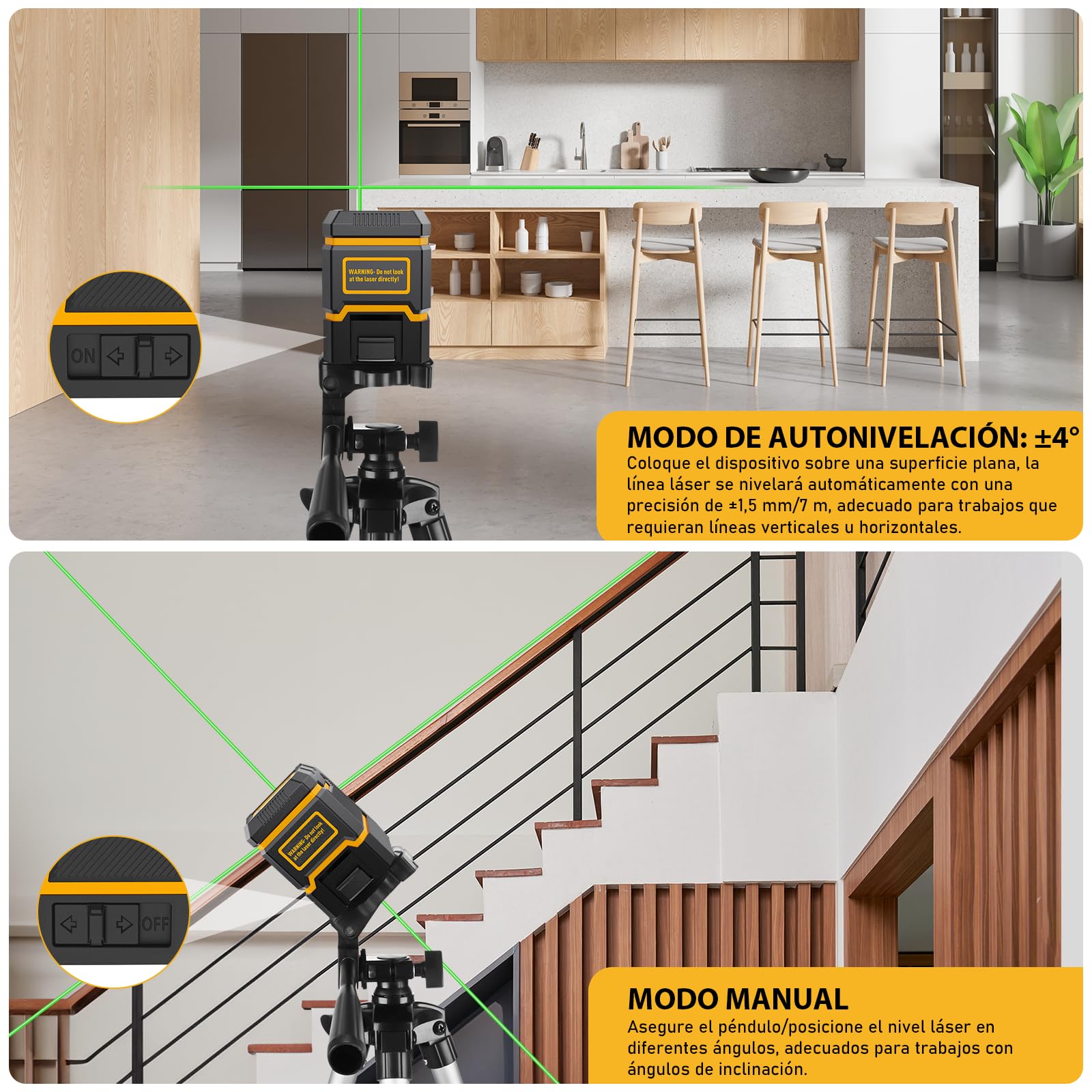 Nivel Laser Autonivelante con Tripode,ASOBRIS Nivel Láser Verde Líneas Cruzadas Horizontales y Verticales,Laser Level pare Colgar Cuadros Construcción Uso Interior Exterior (amarillo)