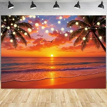 7x5ft Polyester Summer Sunset Beach Backdrop Hawaiian Tropical Palm Leaves Sea Mew Aloha Luau Party Decoration Photography Background for Baby Shower Happy Birthday Party Photo Studio Props