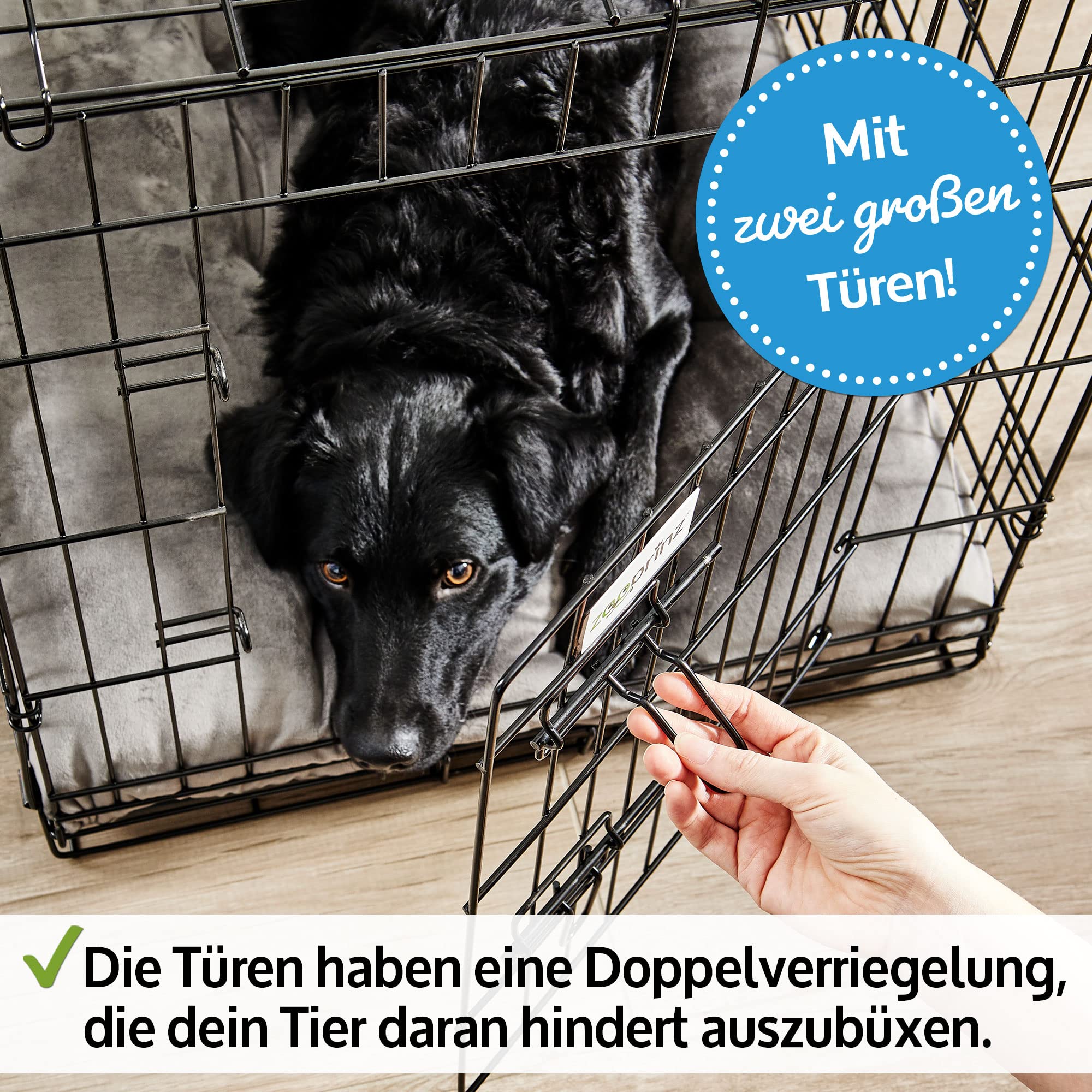 zooprinz Faltbare Hundebox L 90x57x63 cm mit 2 Türen | Aus stabilem Eisen, mit Bodenschale und Transportgriff, faltbar, in 4 Größen verfügbar