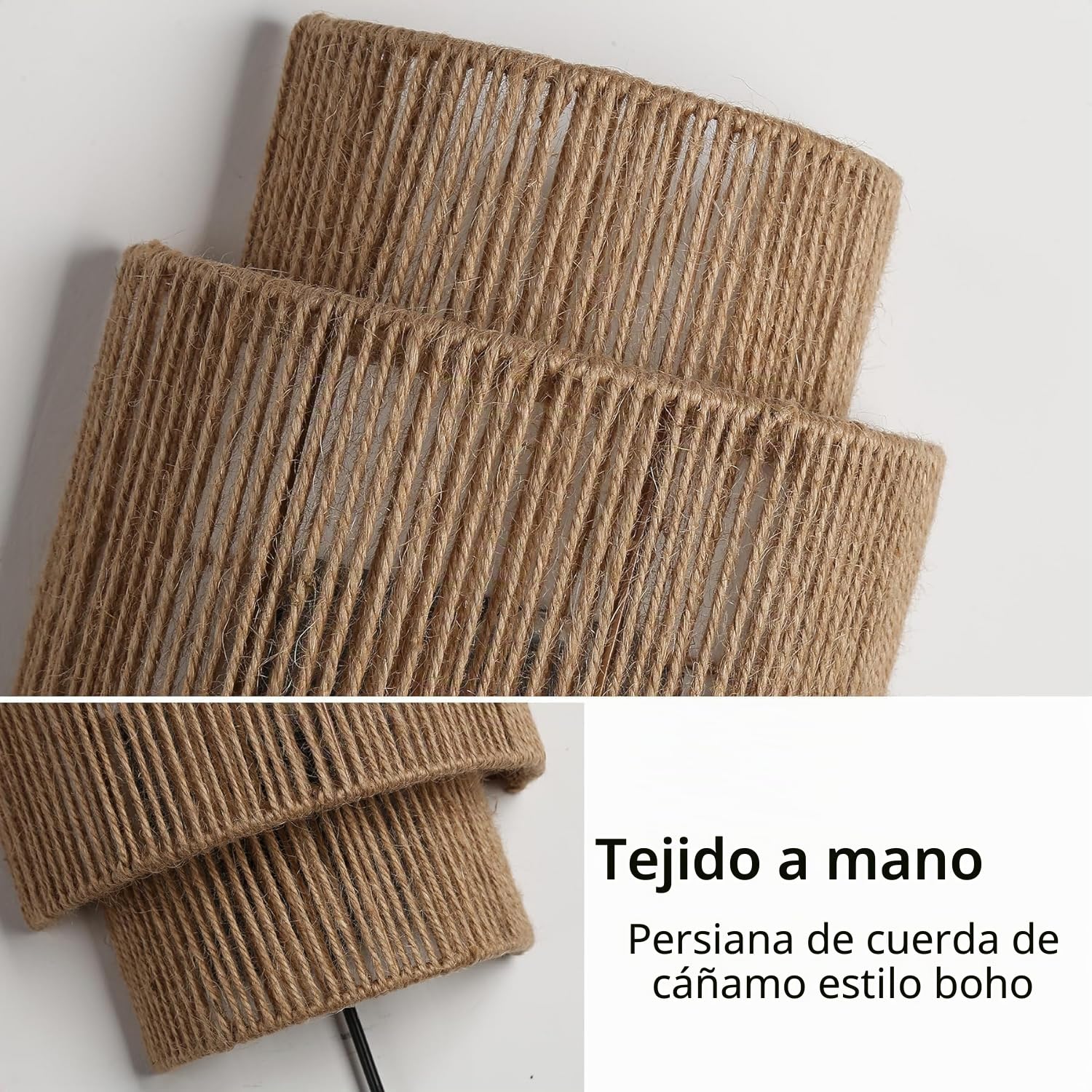 Alpinaluz Aplique de Pared de Cuerda de Yute Natural – Diseño Bohemio Artesanal con Luz Decorativa de Doble Pantalla, Casquillo E27 con Enchufe e Interruptor – para Salón, Dormitorio o Pasillo