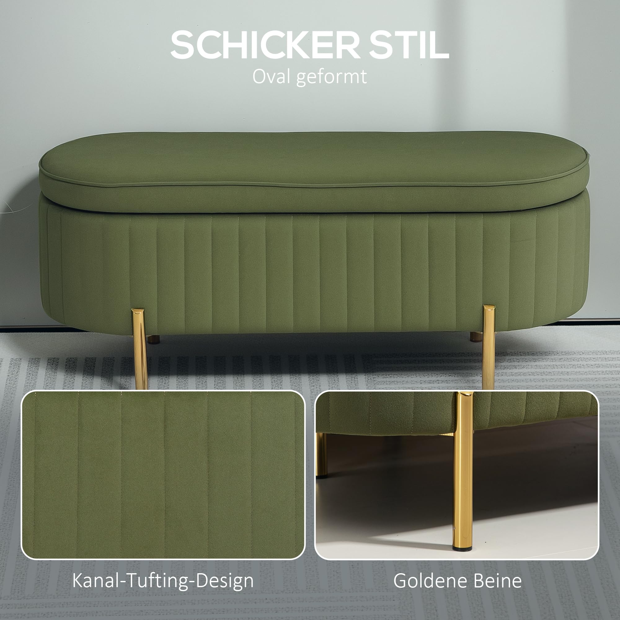 HOMCOM Sitzbank mit Stauraum, Klappdeckel 108 x 44 x 43,5 cm Grün | Polsterbank, Samtoptik, Bettbank Sitztruhe mit Metallbeine, Truhenbank für Flur, Wohnzimmer, Schlafzimmer