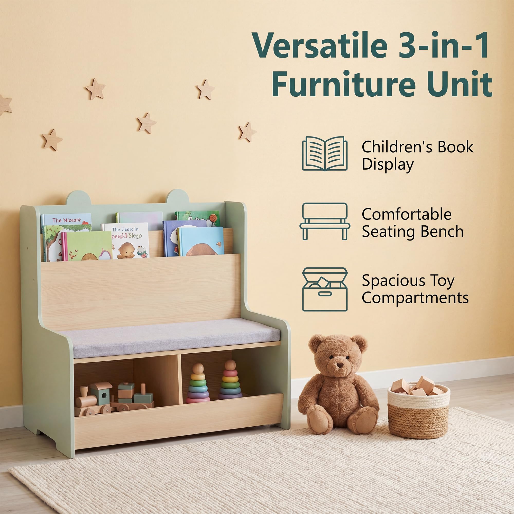 LIFEZEAL Bibliothèque Enfant avec Banc, Étagère à Livres à 2 Niveaux & 2 Compartiments Range-Jouets, Assise Rembourrée, Meuble Rangement pour Chambre d’Enfant, Crèche, pour 3+ Ans (Vert)