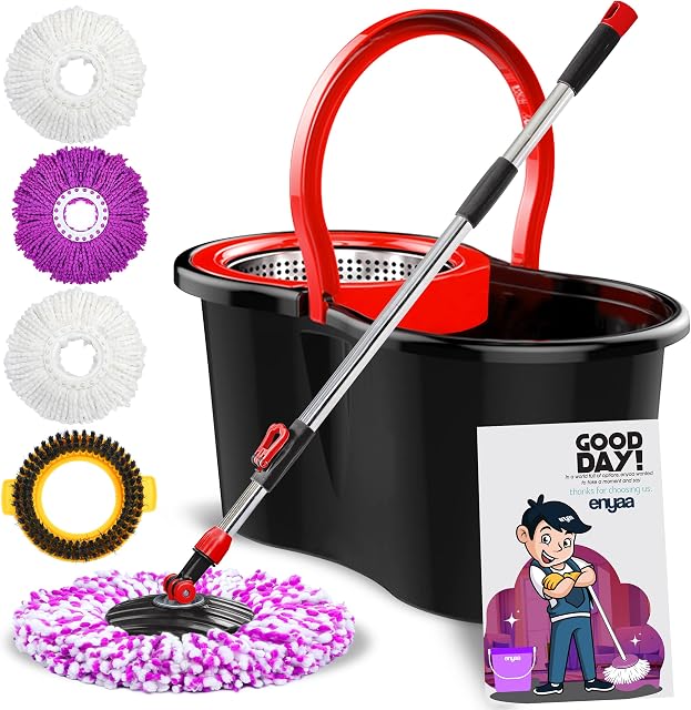 Enya Spin Mop and Buckets Sets, Microfibre Floor Mop and Buckets Sets with 4 Super Absorbent Reusable Mop Heads, 6L Mop Bucket with Stainless Steel Wringer, Spin Mop for Cleaning Floors  Black
