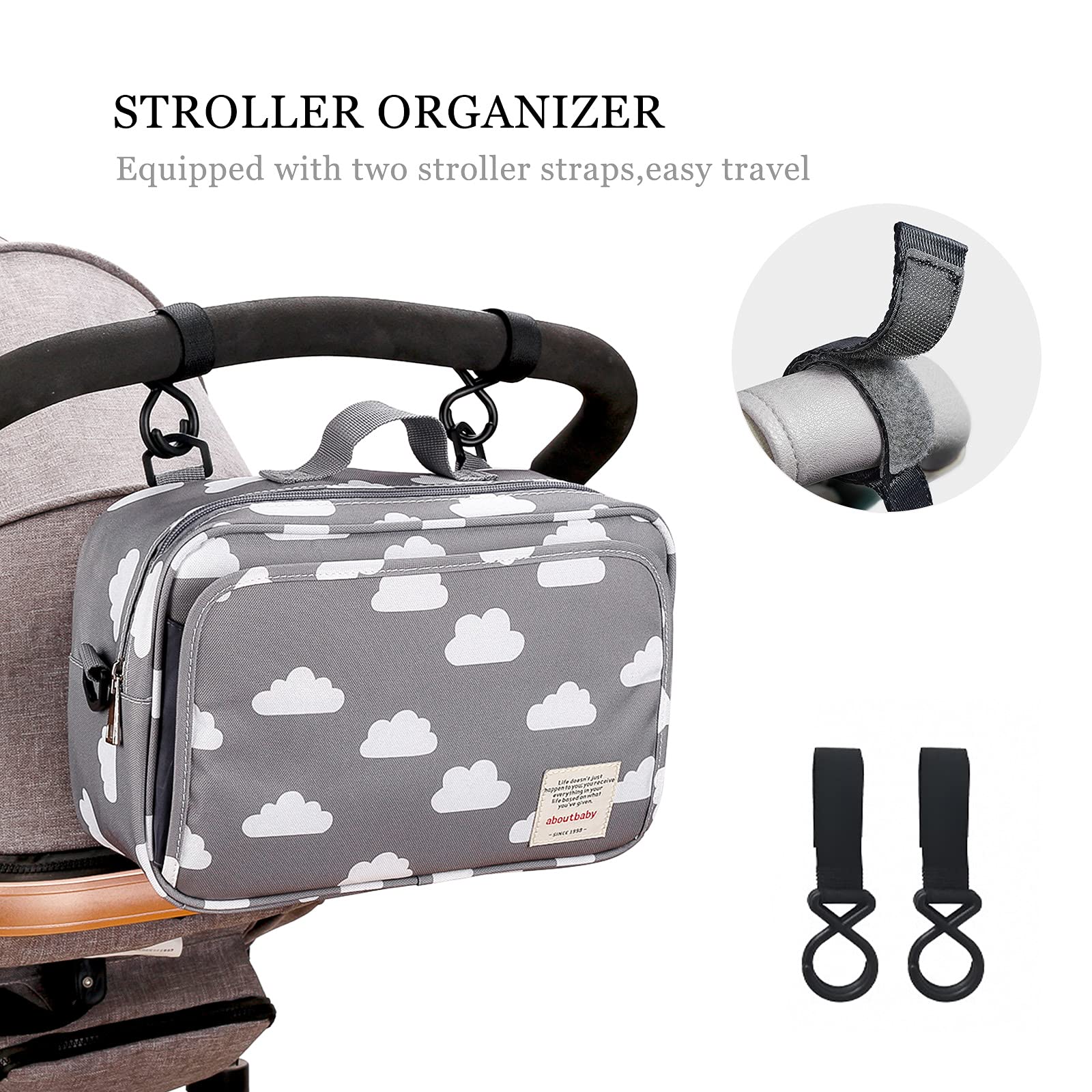 SONARIN Pram Buggy Bag Organiser & Stroller Organiser,Large Stroller Storage with Deep Cup Holder,2 x Pram Hooks,Shoulder Strap Used as Carry-On Handbag,Universal Fit All Buggy Models(Cloud)