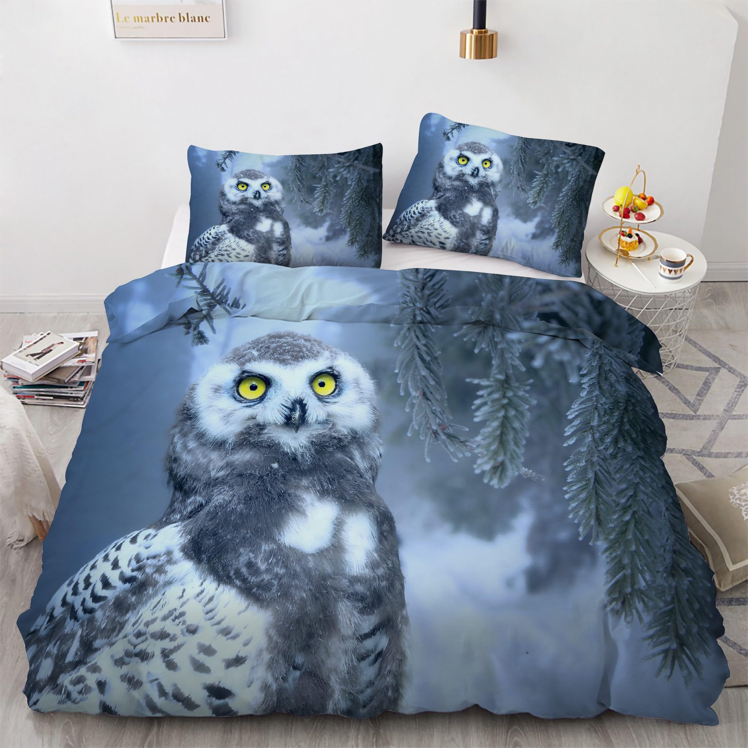Housse de couette 200x200 hibou parure de lit microfibre douce 3 pcs