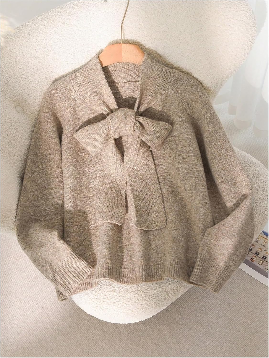 GORGLITTER Women's Plus Size Fall Sweaters Trendy Winter Outfits Cute Bow Tie Front Long Sleeve Pullover Top Jackets - Image 5