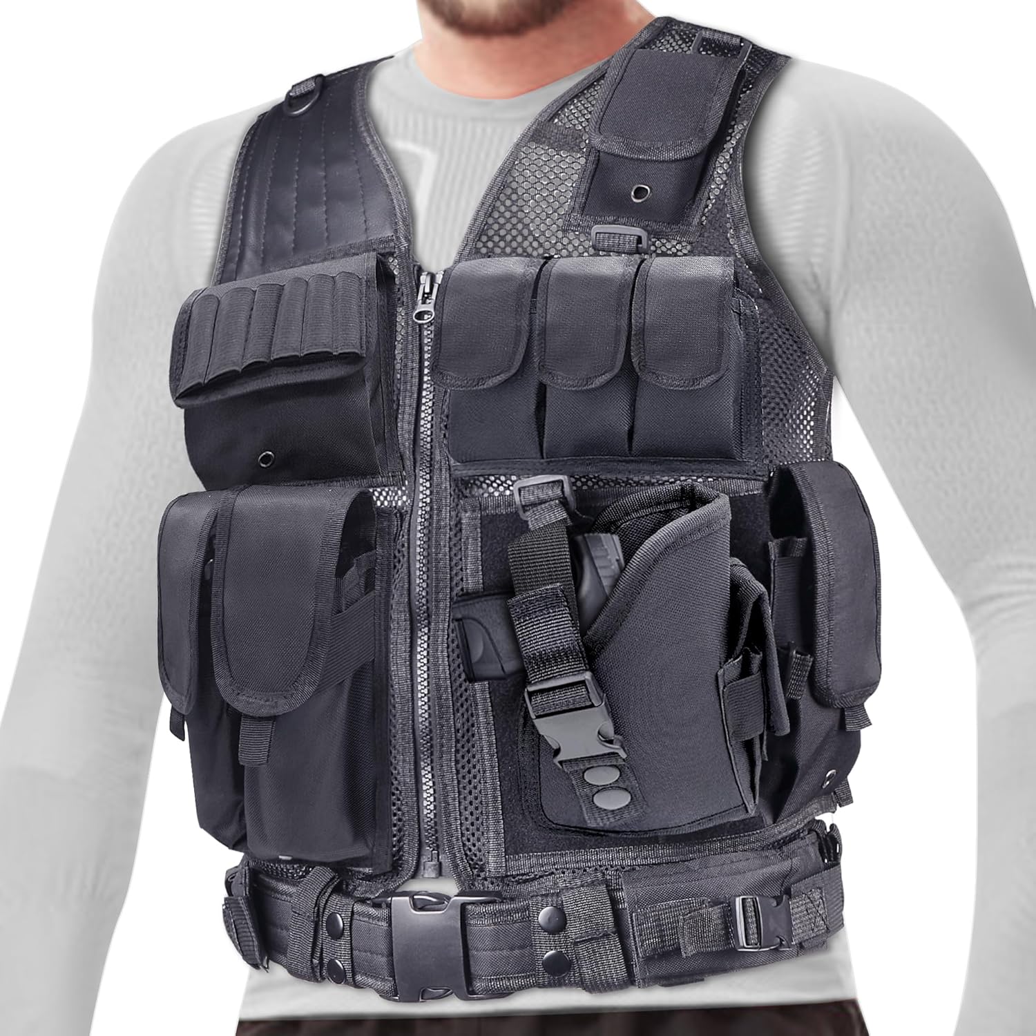 SAMSIER Airsoft Vest Adult Adjustable S-XXXXL, Tactical Vest for Men Lightweight Breathable 600D Nylon, Youth Combat vest for Paintball Training Black