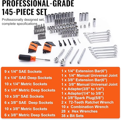 Miniatura 3 de VEVOR Juego de herramientas mecánicas, llaves profundas y estándar de 14 y 38 pulgadas, SAEMétrica, 145 piezas, llave combinada, llaves hexagonales,