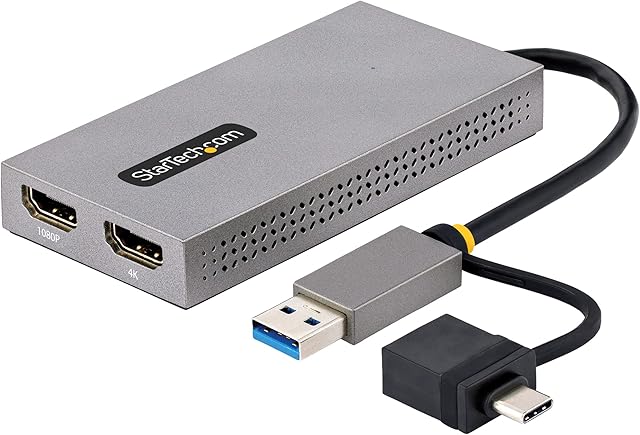 StarTech.com USB 3.0 or USB-C to Dual HDMI Adapter for Windows & macOS, 2x HDMI Displays (1x 4K30Hz, 1x 1080p), Integrated USB-A to C Dongle, 4in/11cm Cable (107B-USB-HDMI)
