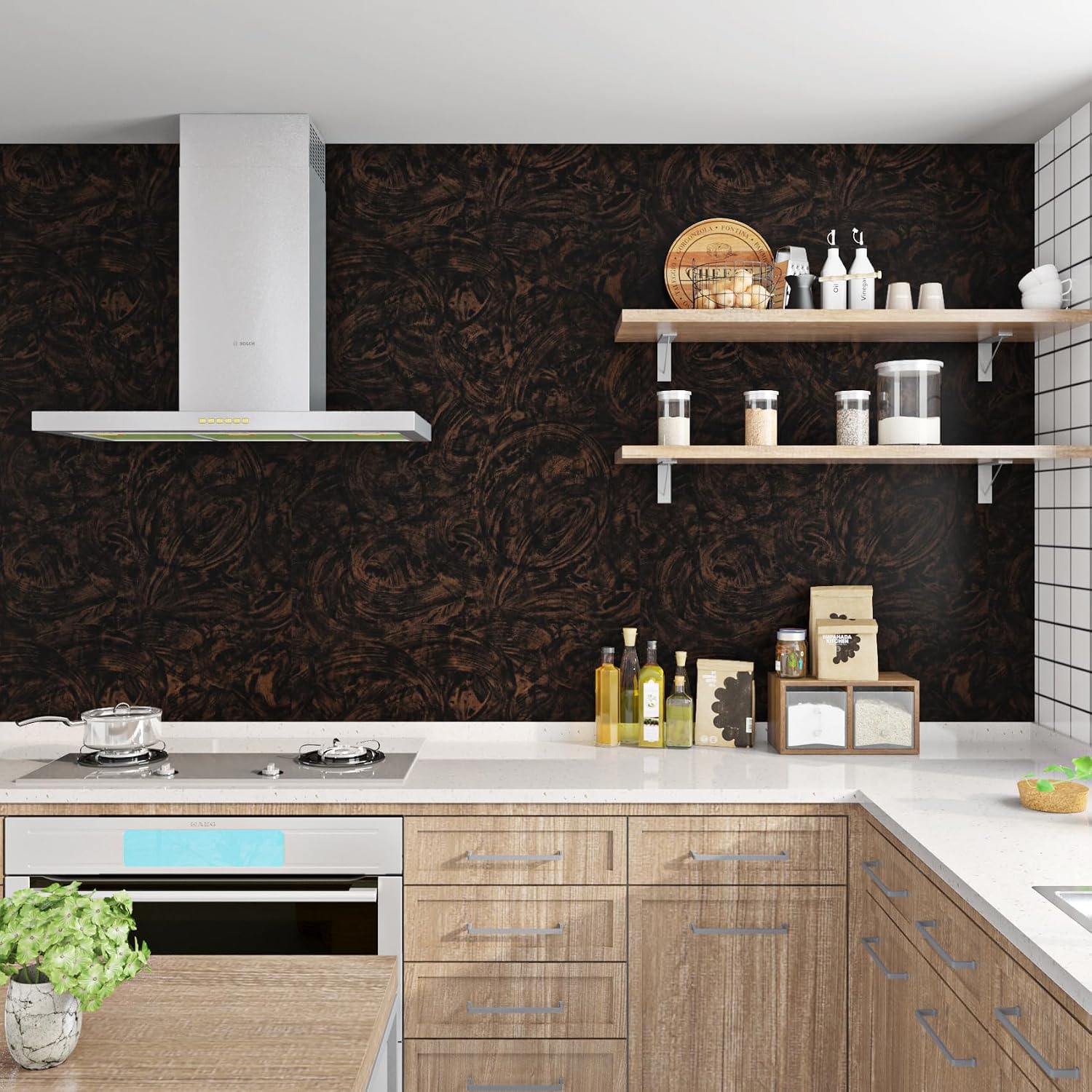 Livelynine 15.8x394 Inch Kitchen Wallpaper Peel and Stick Black and Copper Backsplash Wall Paper for Bathroom Accent Wall Decor Brown Black Concrete Wallpaper for Living Room Waterproof Contact Paper