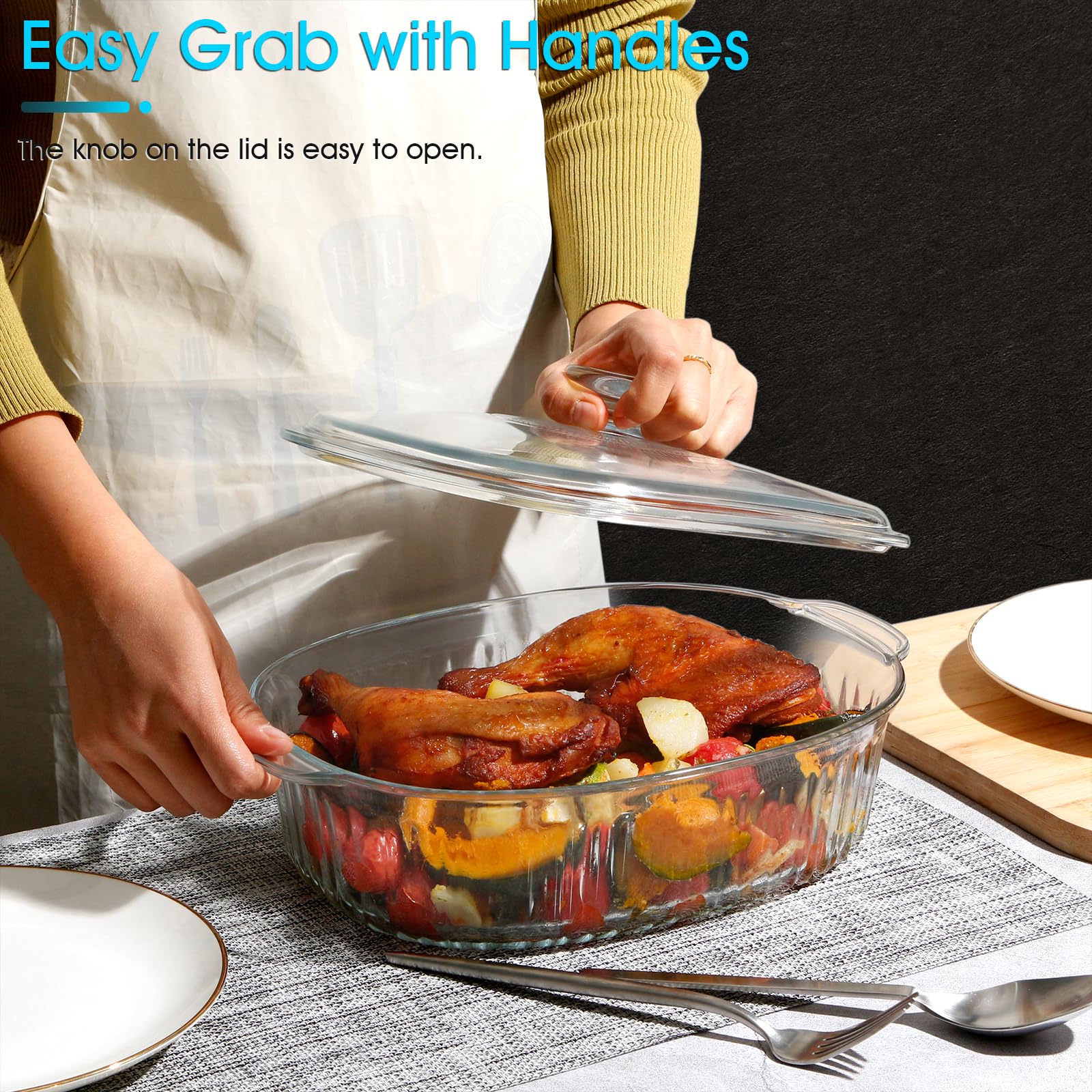 NUTRIUPS Cacerola ovalada de vidrio de 3L con tapa, vidrio de borosilicato, cacerola ovalada grande para horno, platos a prueba de horno con tapas (31 x 21,5 x 13 cm)
