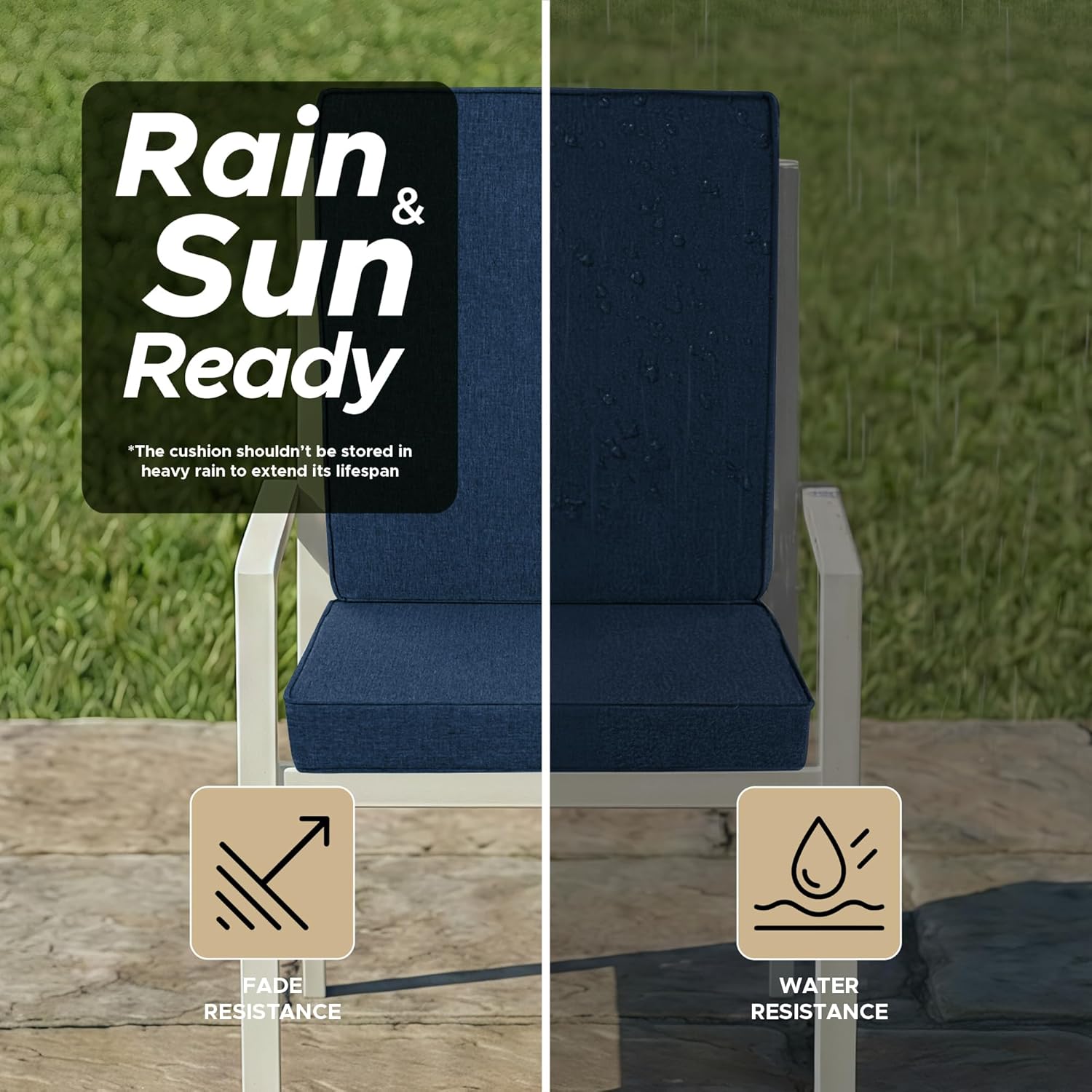 Outdoor Chair Cushions, Water-Resistant & Fade-Resistant, Patio Furniture Lawn Dining Chair Seat Replacement with Mid Back, Ties Zipper, Removable Cover, 18 x 16.5 Inch, Set of 4, Navy Blue