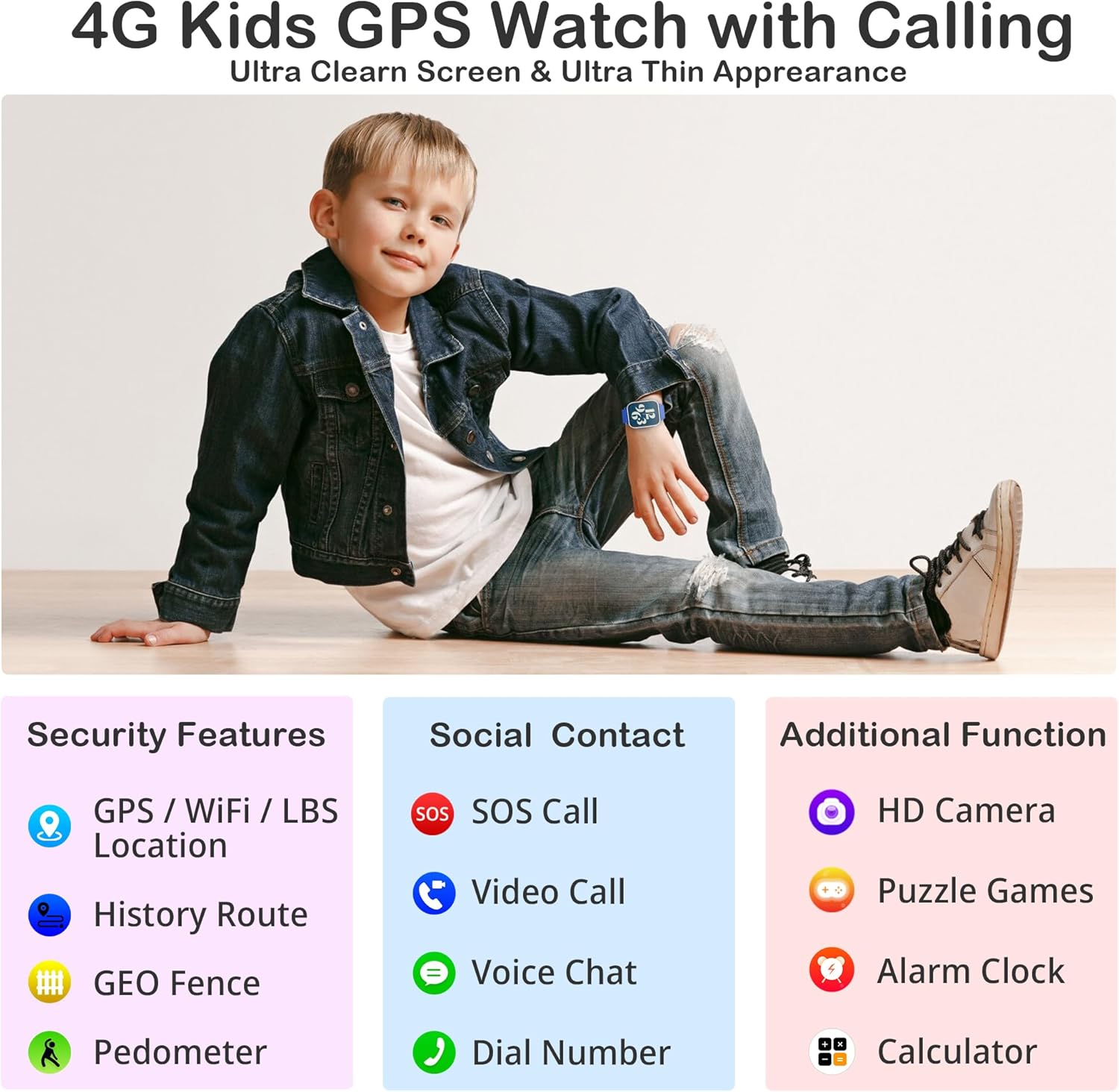 4G Kids Watch with GPS Tracker, Kids Smart Watch Boys Age 5-12, Kid Cell Phone Watch with Video Call Voice Chat Message Puzzle Camera Flashlight Alarm Clock Pedometer Puzzle Games