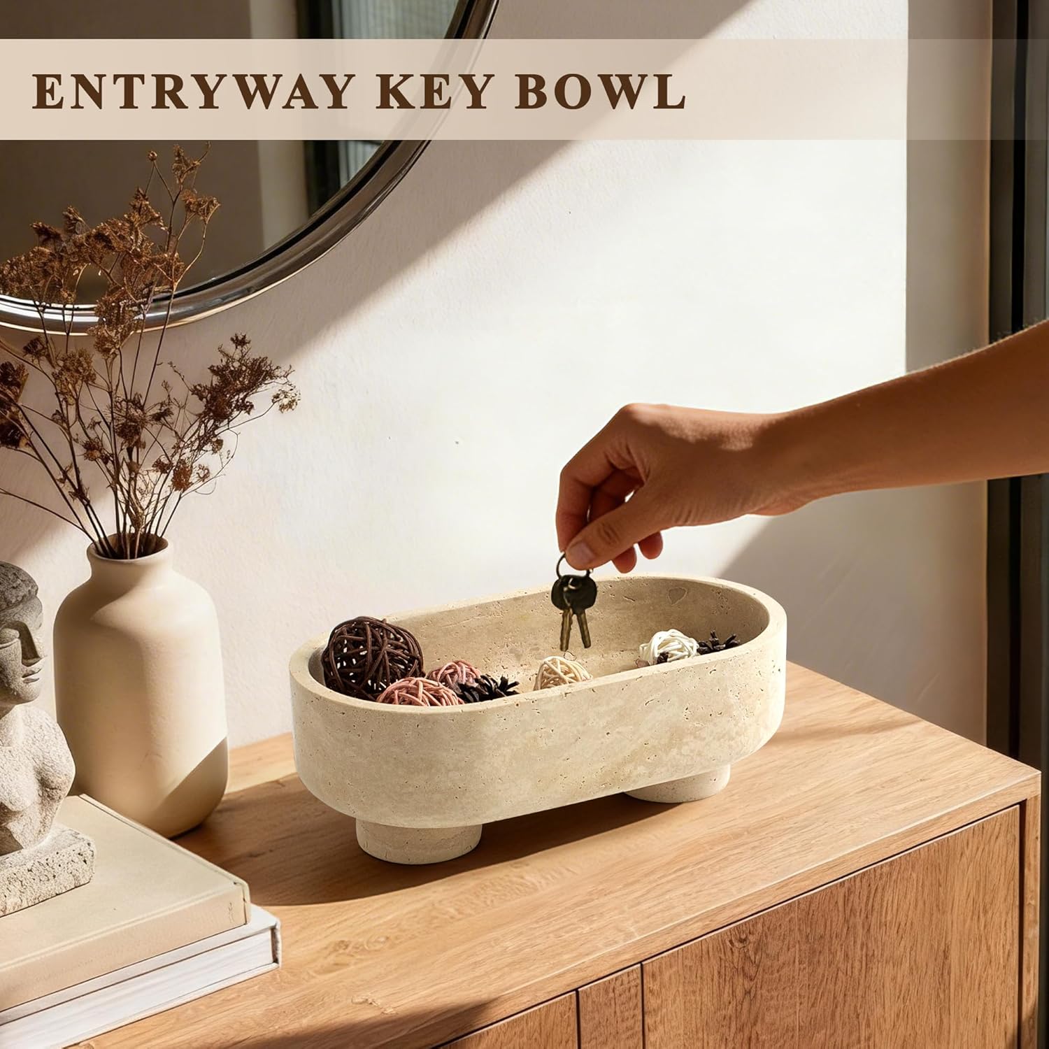 Natural Oval Travertine Stone Fruit Bowl for Kitchen Counter | Two-Legged Decorative Pedestal Bowl for Dining Table Decor, 10" Luxury Entryway Catchall Purse Bowl - Travertine