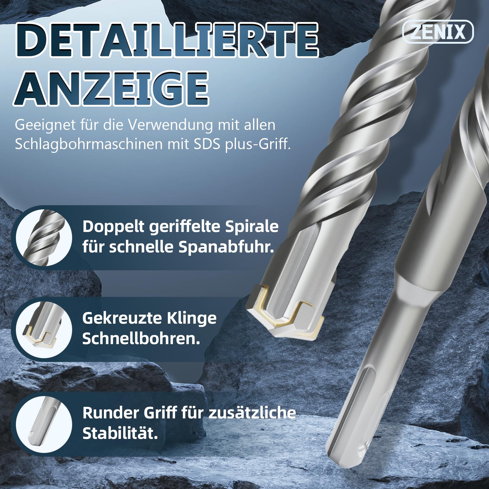 ZENIX SDS Plus 14 x 310 mm - Punta professionale per calcestruzzo con 4 taglienti - Ideale per pietra, pietra naturale, muro di mattoni e cemento armato