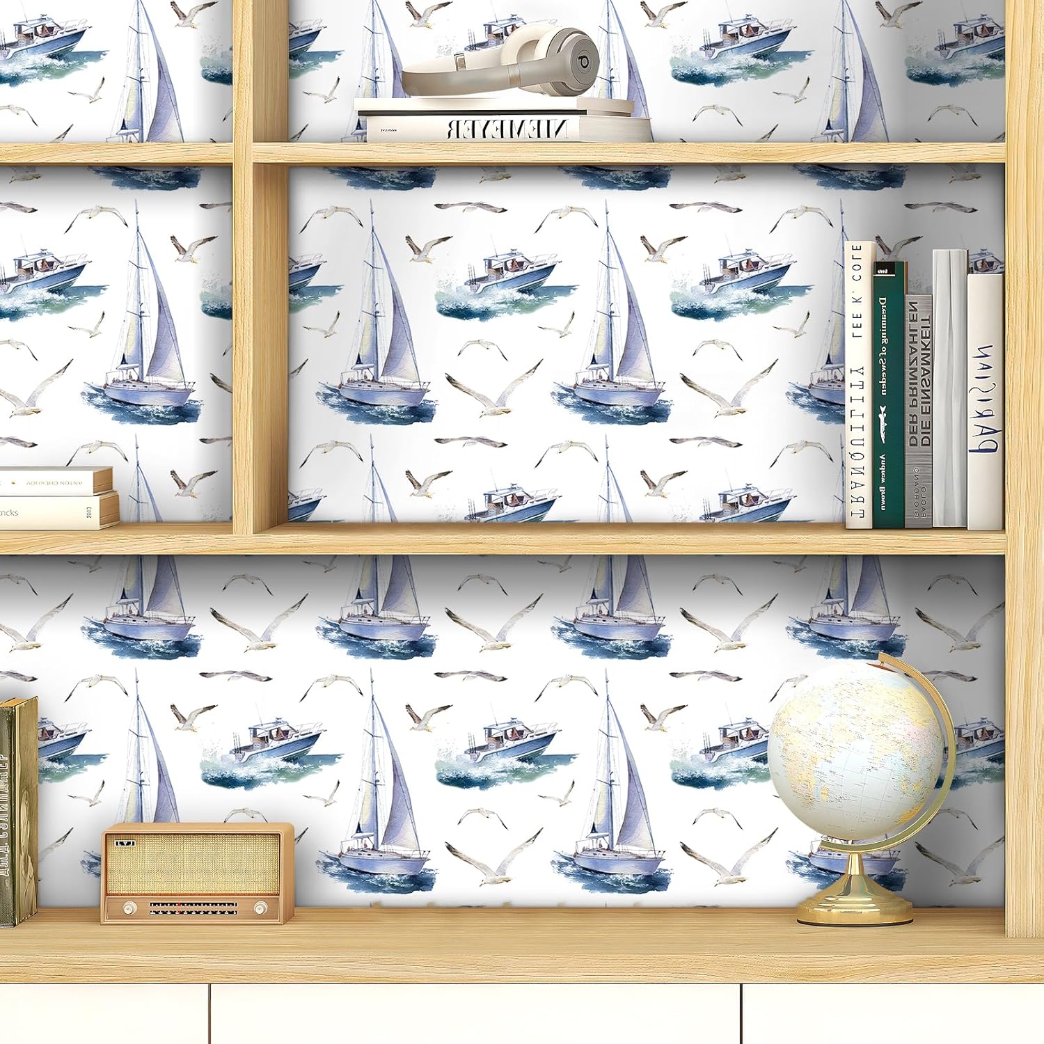 ReWallpaper 17.5in×23ft Blue and White Coastal Wallpaper Peel and Stick Blue Contact Paper for Cabinets Removable Nautical Wallpaper Boats Seagulls Vintage Nautical Wall Decor for Kids Bedroom Walls