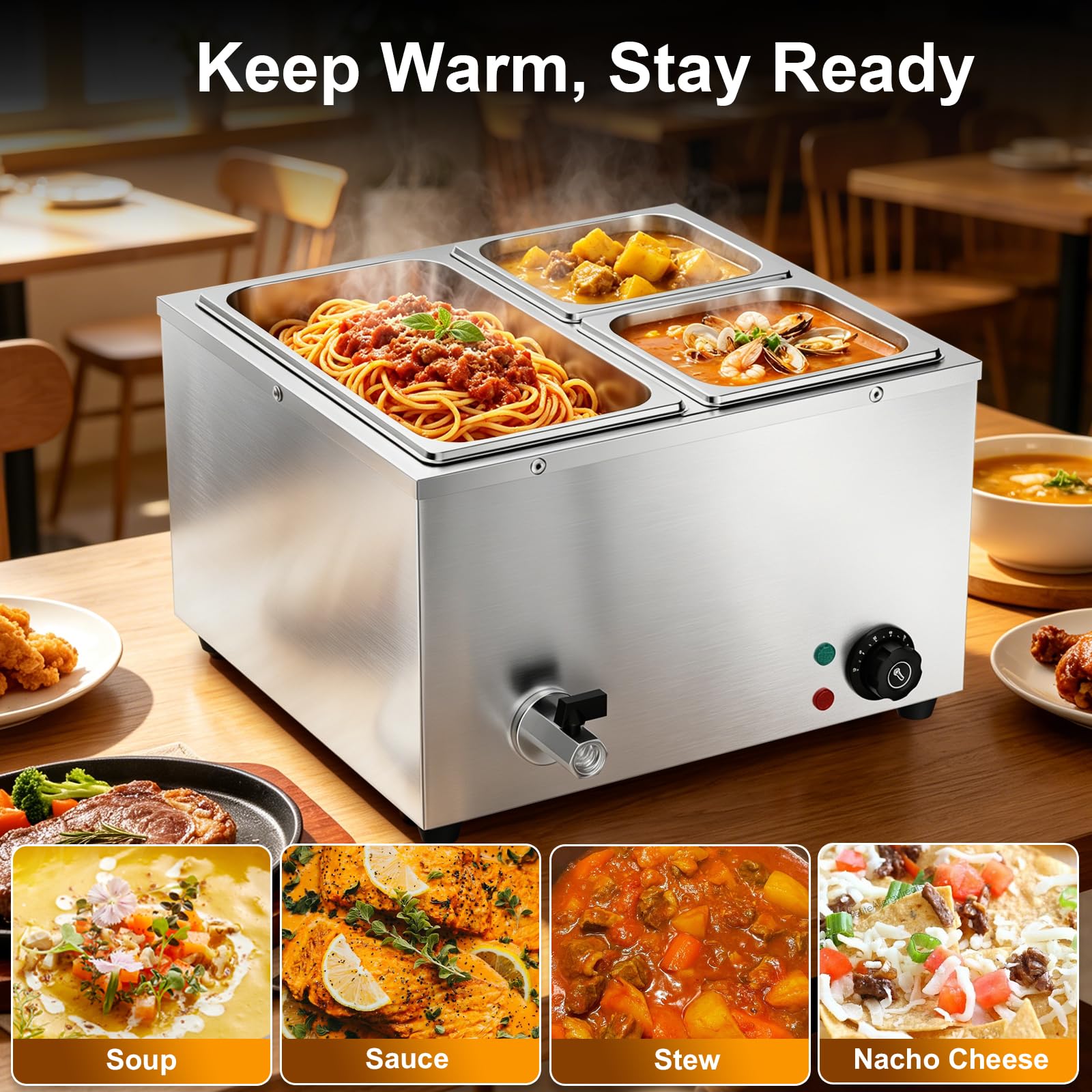 TAIMIKO Bain Marie Speisenwärmer 1500W Elektrisches Buffetwärmer 220V Schmelztopf Professioneller kommerzieller Tellerwärmer mit 1 x 1/3 und 2 x 1/6 Töpfen (3 Pots)