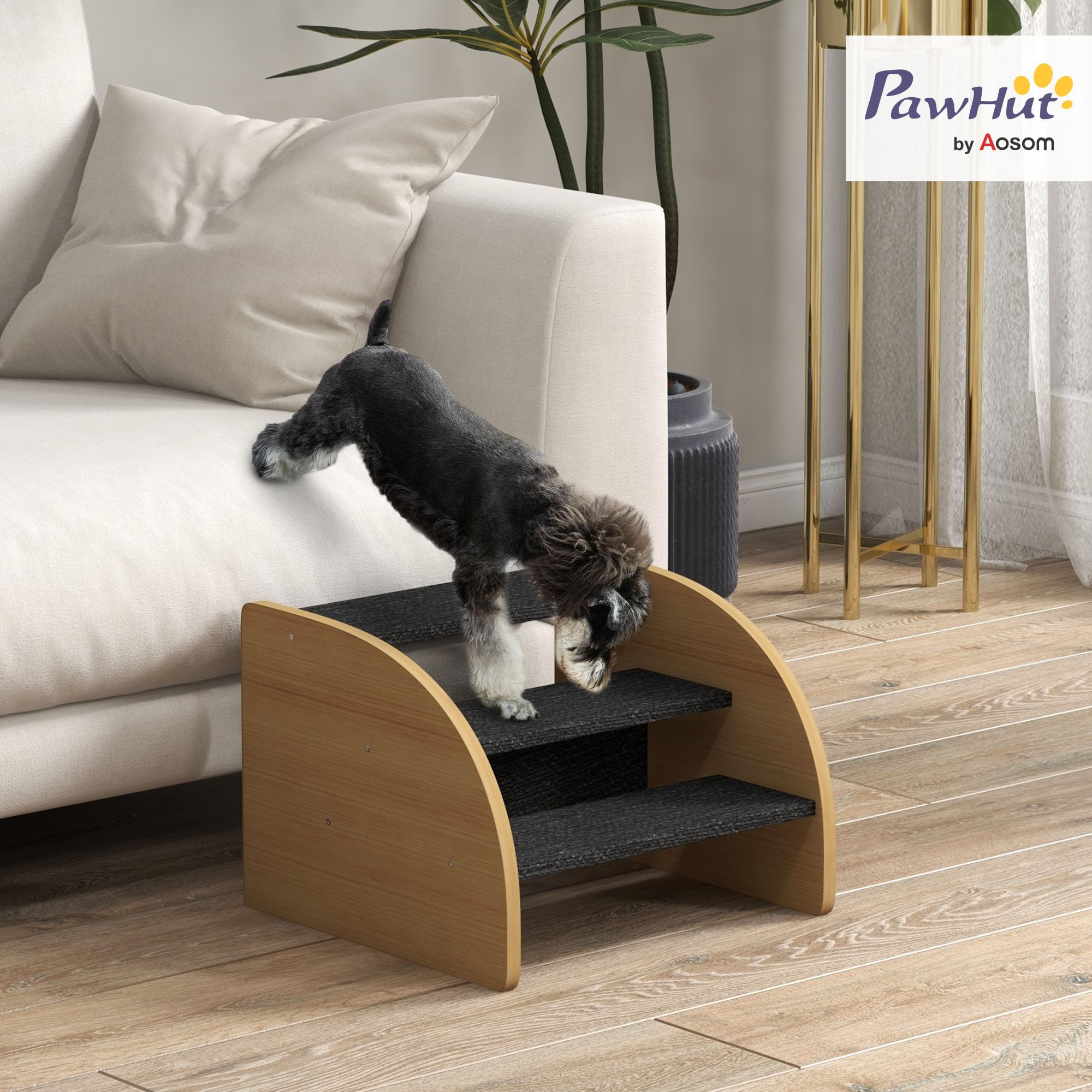 PawHut Gradini 3 gradini per divano e letto, pannelli laterali quercia | Scale leggere per animali, piedi antiscivolo per cuccioli piccoli, facile montaggio