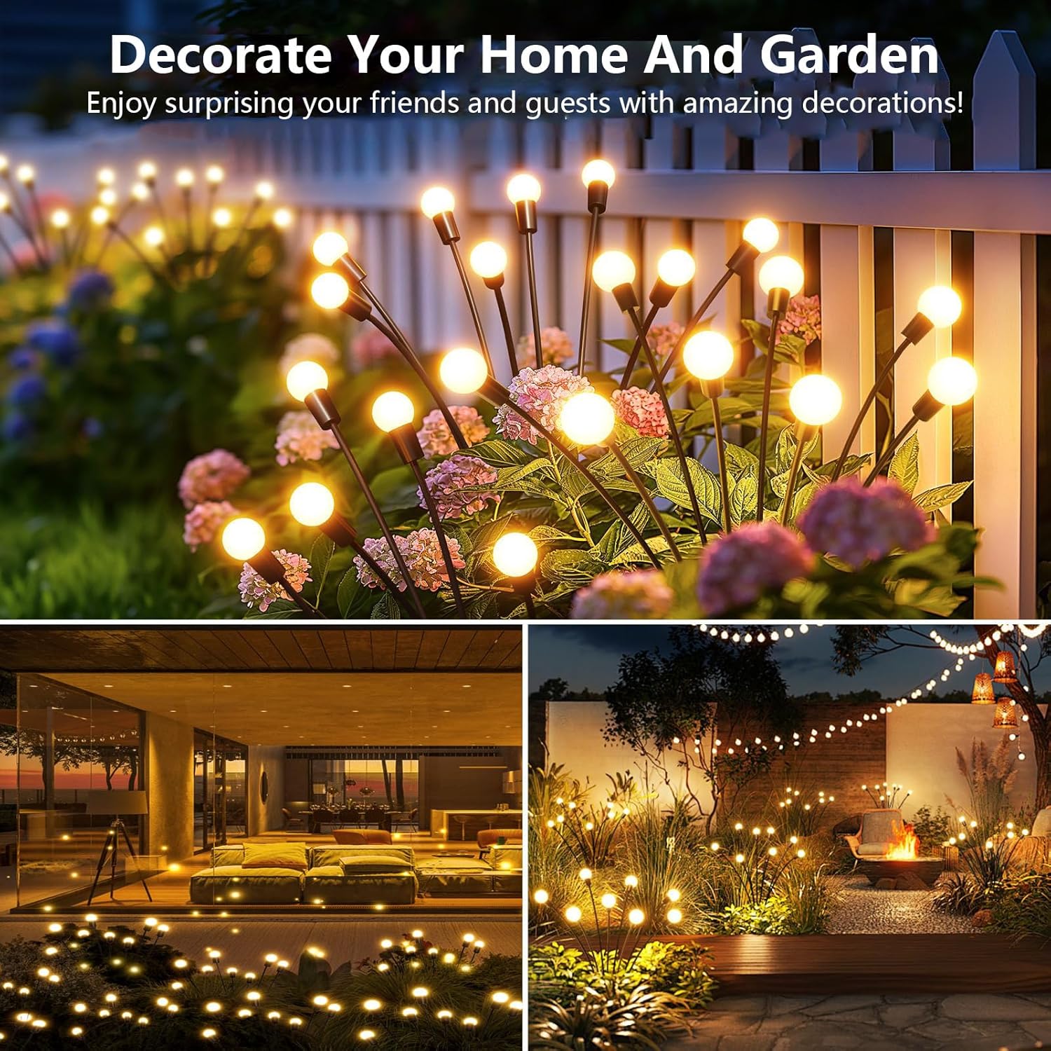 4 Pack Solar Garden Lights Outdoor, 24 LED Firefly Light, Solar Fairy Lights for Outside Waterproof, 2 Modes, Fairy Lightss for Garden Pathway & Patio Decor
