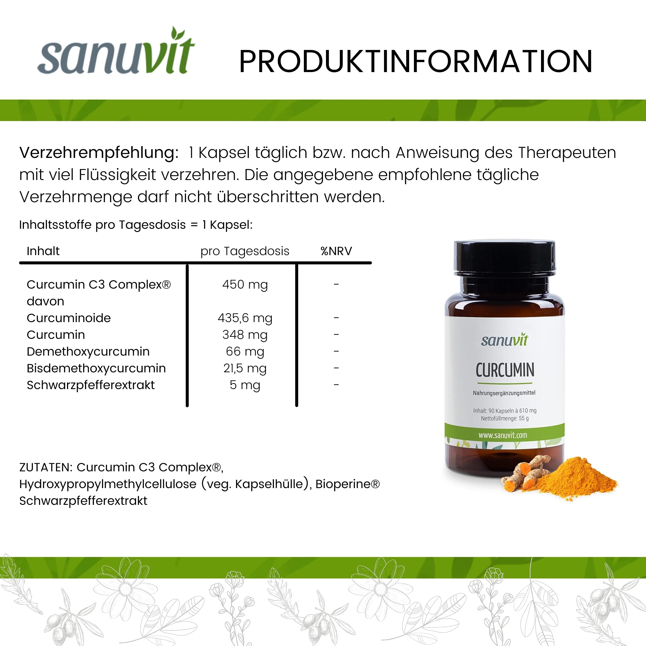 Sanuvit® - Curcuma Extrakt 450 mg pro Kapsel | 90 Kapseln | Hochdosiert | Markenrohstoff Curcumin C3 Complex® | Hohe Bioverfügbarkeit und Verträglichkeit | Vegan