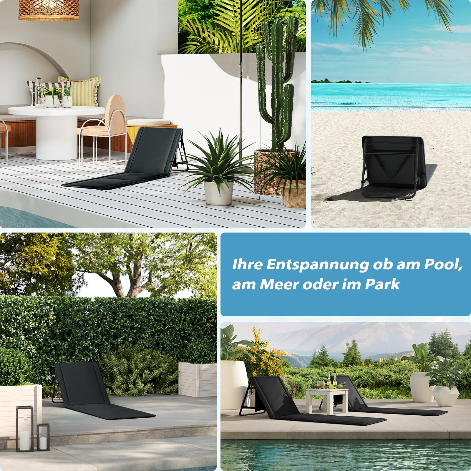 UDPATIO 2er Set Strandmatte mit Rückenlehne 195 cm, Strandstuhl, Verstellbare Strandliege Klappbar Leicht, Faltbare Sonnenliege für Strand, 150kg Belastbar, Sonnenmatte Gepolstert mit Tasche, Schwarz